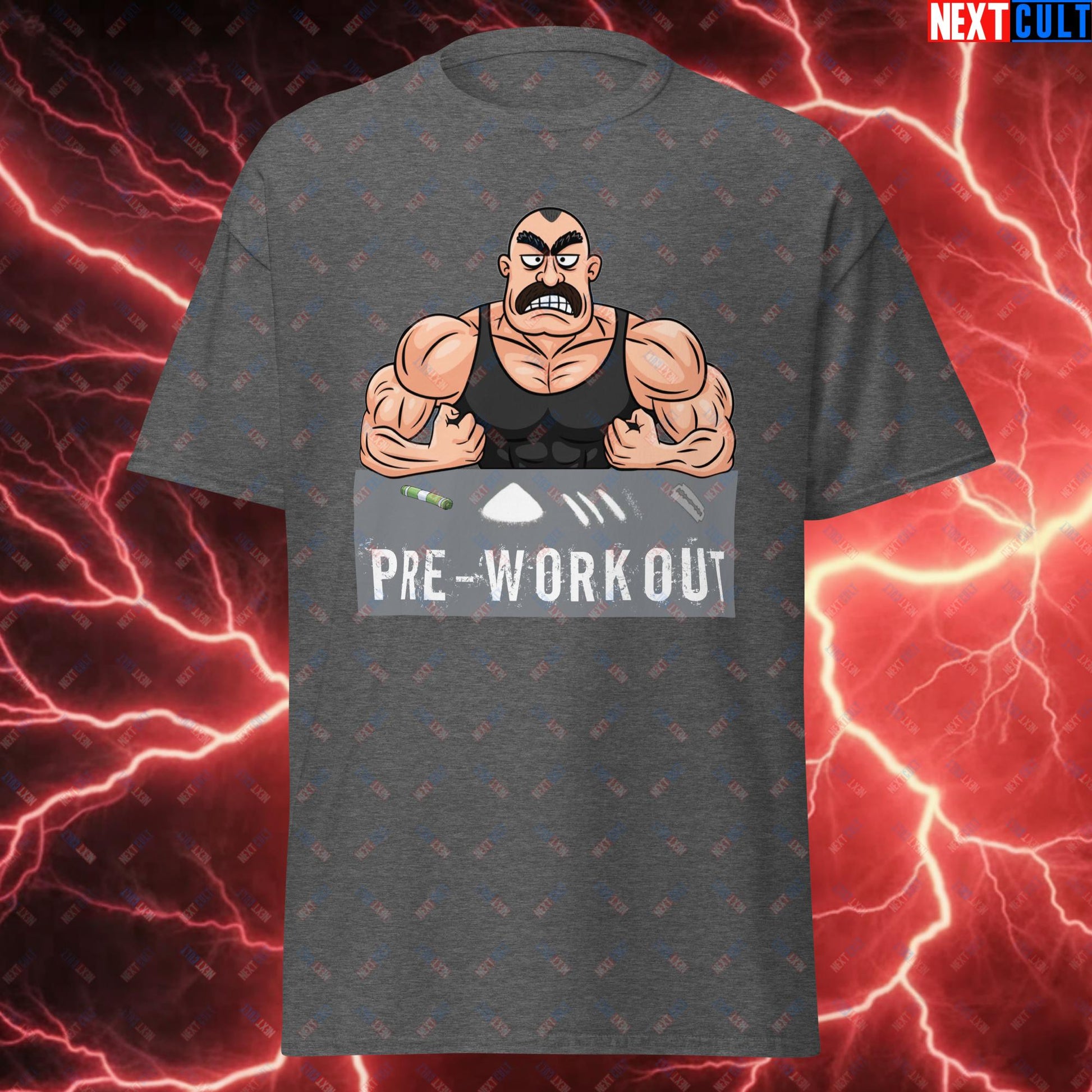 I Love Pre-workout Gym Bro Fitness Bodybuilding Workout Weightlifting Powerlifting Funny Meme Cartoon Unisex tee Dark Heather T-shirts Fitness Gym Workout Next Cult Brand