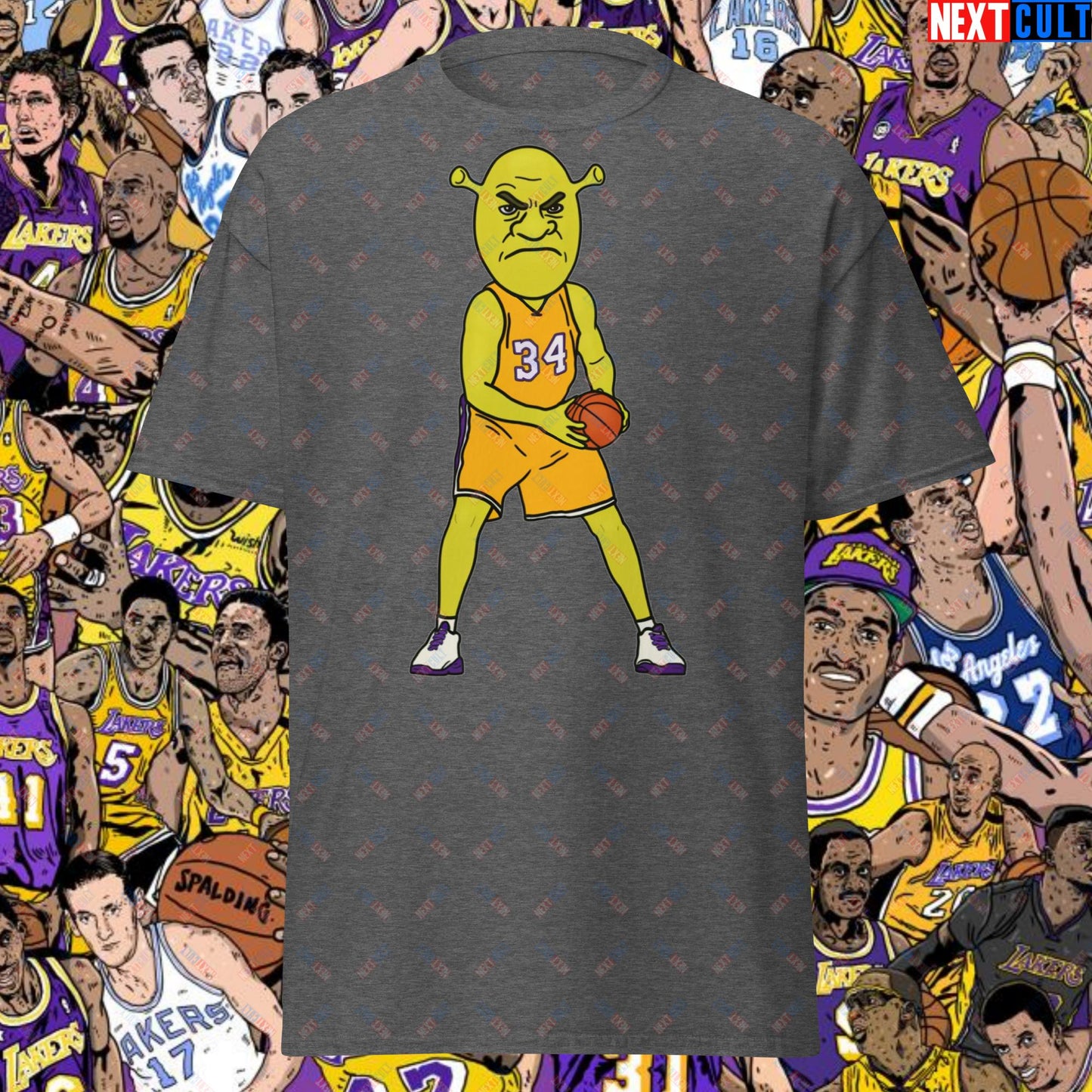 Shrequille O'Neal T-Shirt - Shaquille O'Neal as Shrek Funny Basketball Meme Casual Top - Perfect Gift for Basketball Fans and Shrek Lovers Unisex tee Dark Heather T-shirts Basketball Los Angeles Lakers NBA Shaq Shrek Next Cult Brand