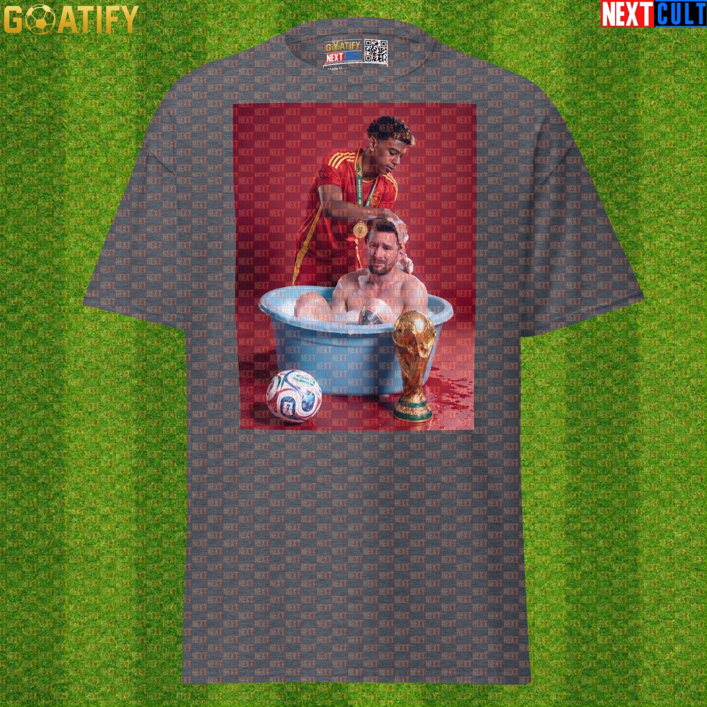 Lamine Yamal T-Shirt – World Cup Final Bath Meme Graphic Tee for Spain and Barcelona Fans |  | ["Argentina", "Barcelona", "Football", "Lamine Yamal", "Lionel Messi", "Soccer", "Spain"]