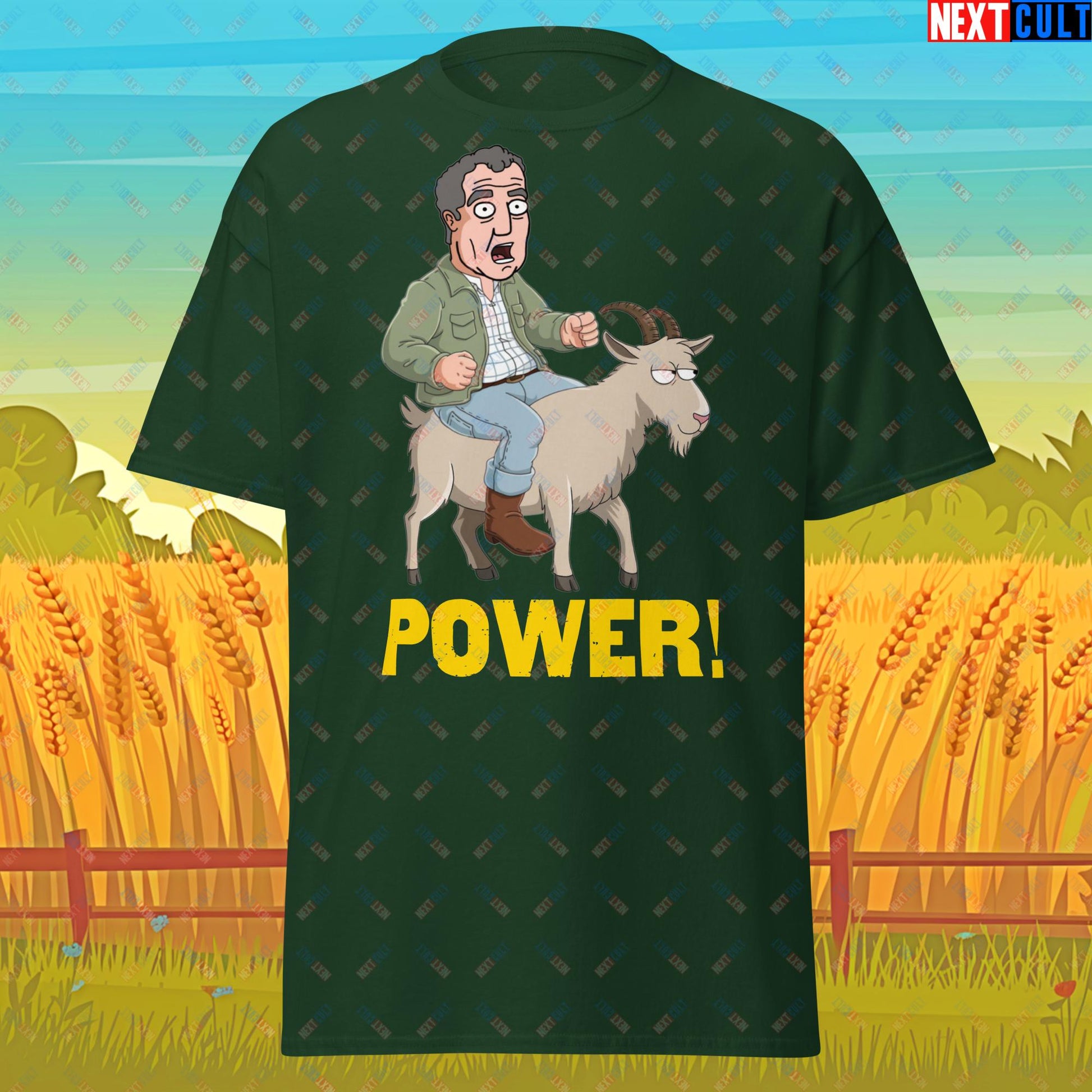 Speed and Power Goat Jeremy Clarkson's Farm Diddly Squat Grand Tour Top Gear Funny Meme Cartoon Unisex tee Forest Green T-shirts Clarkson's Farm Grand Tour Jeremy Clarkson Top Gear TV Shows Next Cult Brand