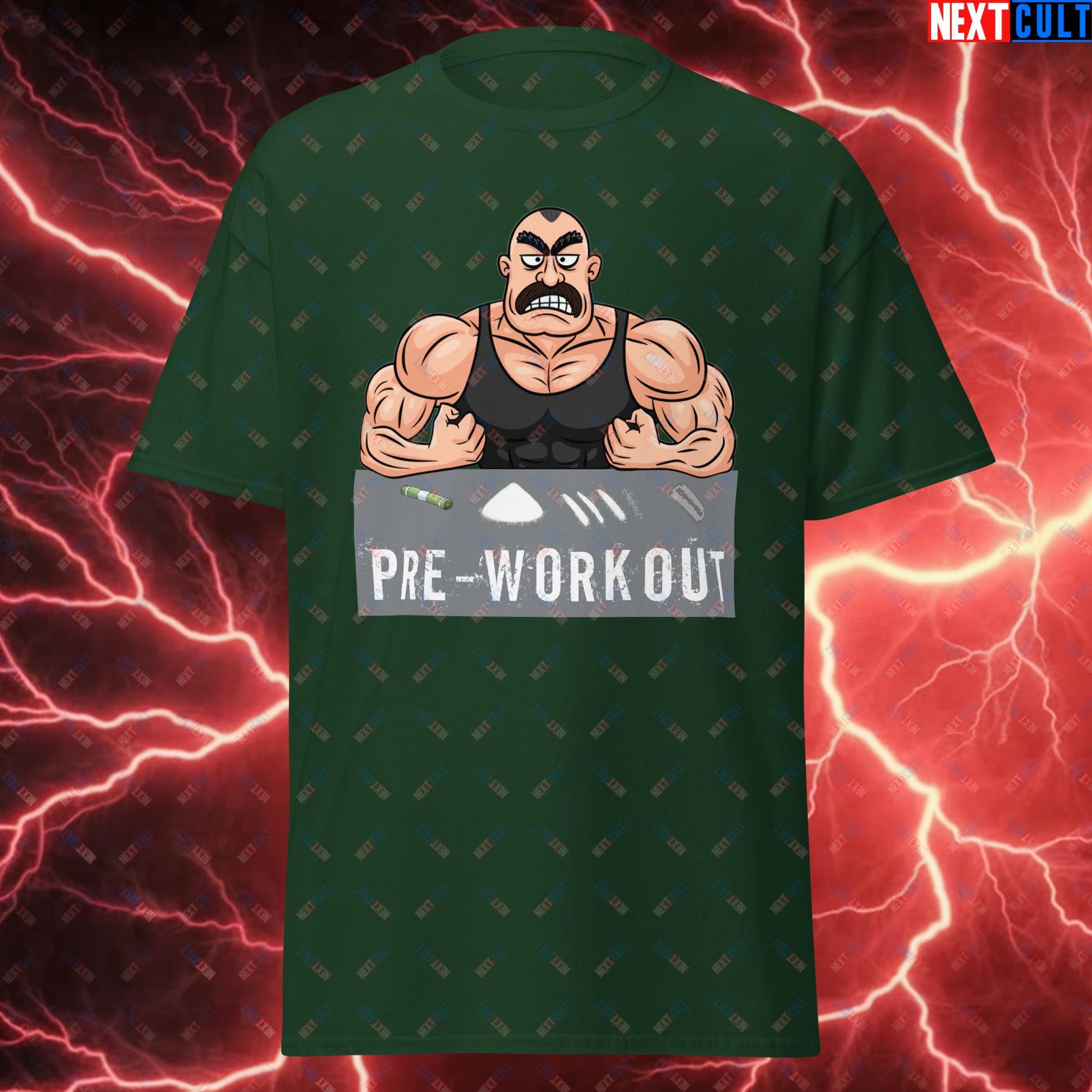 I Love Pre-workout Gym Bro Fitness Bodybuilding Workout Weightlifting Powerlifting Funny Meme Cartoon Unisex tee Forest Green T-shirts Fitness Gym Workout Next Cult Brand