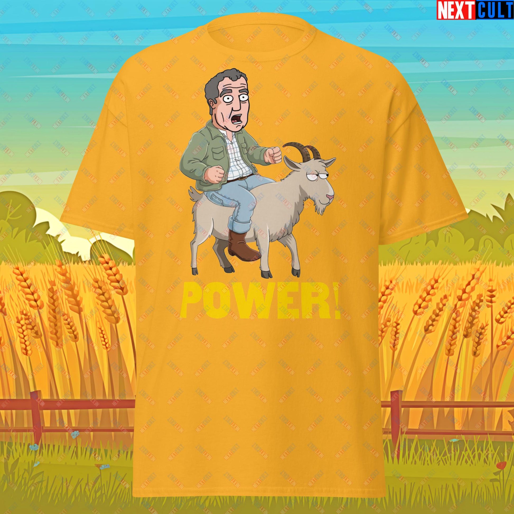 Speed and Power Goat Jeremy Clarkson's Farm Diddly Squat Grand Tour Top Gear Funny Meme Cartoon Unisex tee Gold T-shirts Clarkson's Farm Grand Tour Jeremy Clarkson Top Gear TV Shows Next Cult Brand