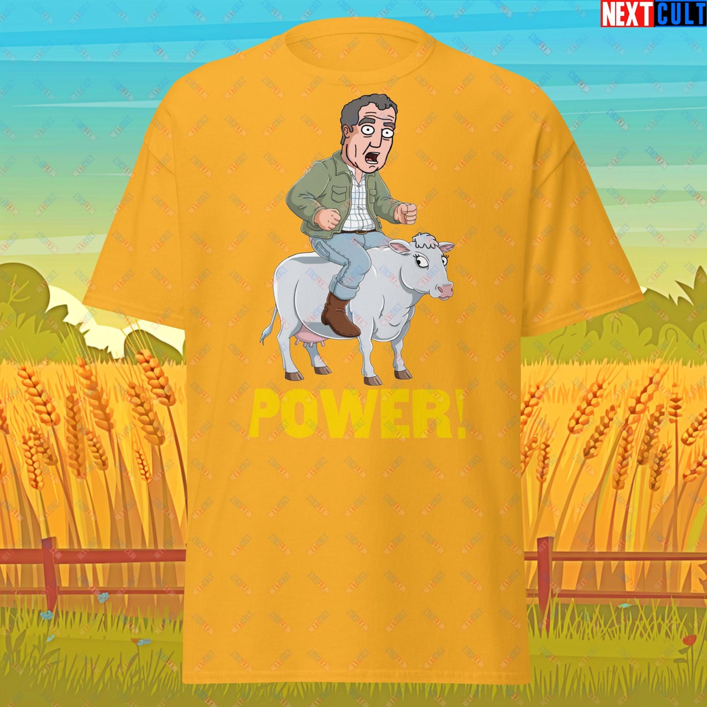 Speed and Power Pepper Cow Jeremy Clarkson's Farm Diddly Squat Grand Tour Top Gear Funny Meme Cartoon Unisex tee Gold T-shirts Clarkson's Farm Grand Tour Jeremy Clarkson Top Gear TV Shows Next Cult Brand