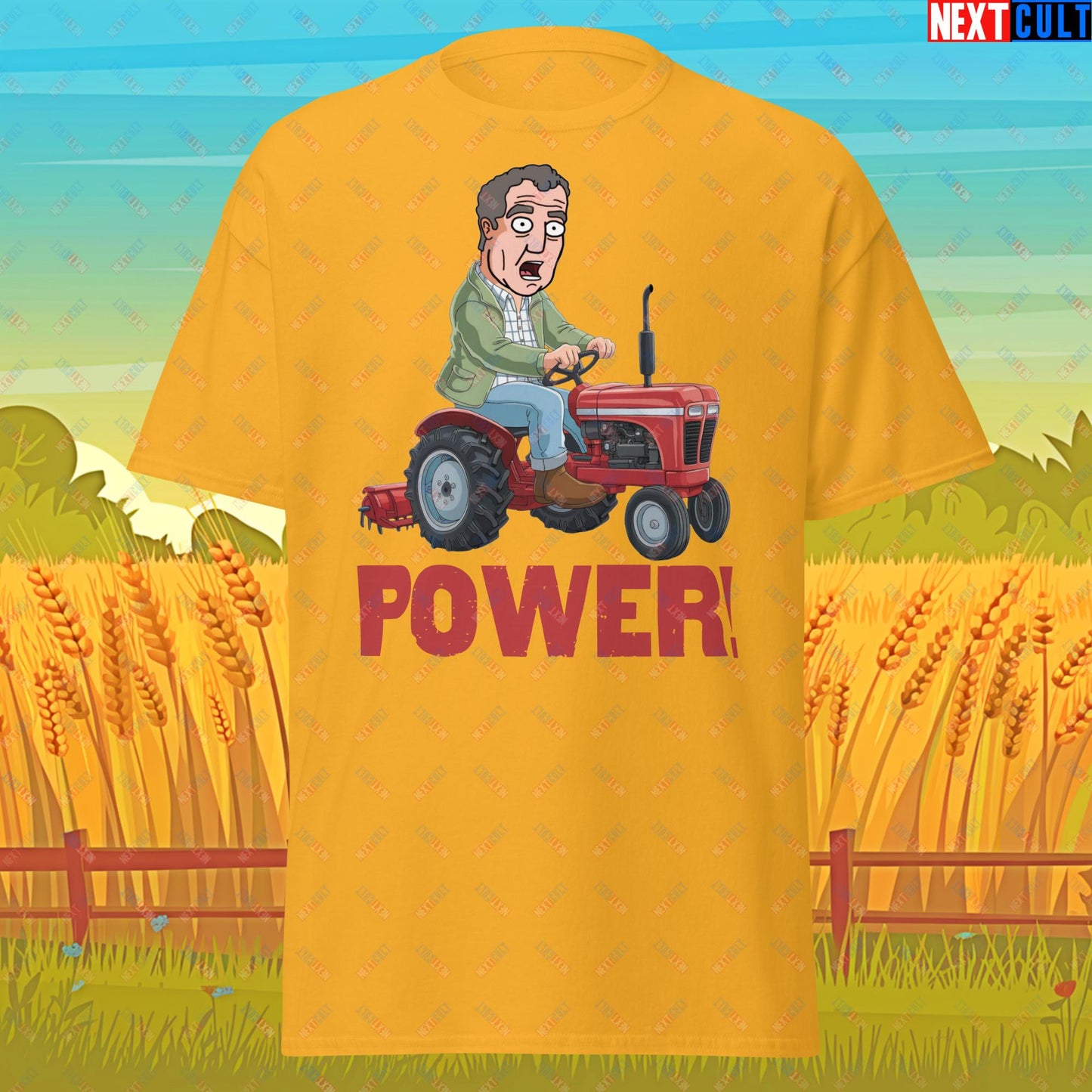 Speed and Power Tractor Jeremy Clarkson's Farm Diddly Squat Grand Tour Top Gear Funny Meme Cartoon Unisex tee Gold T-shirts Clarkson's Farm Grand Tour Jeremy Clarkson Top Gear TV Shows Next Cult Brand