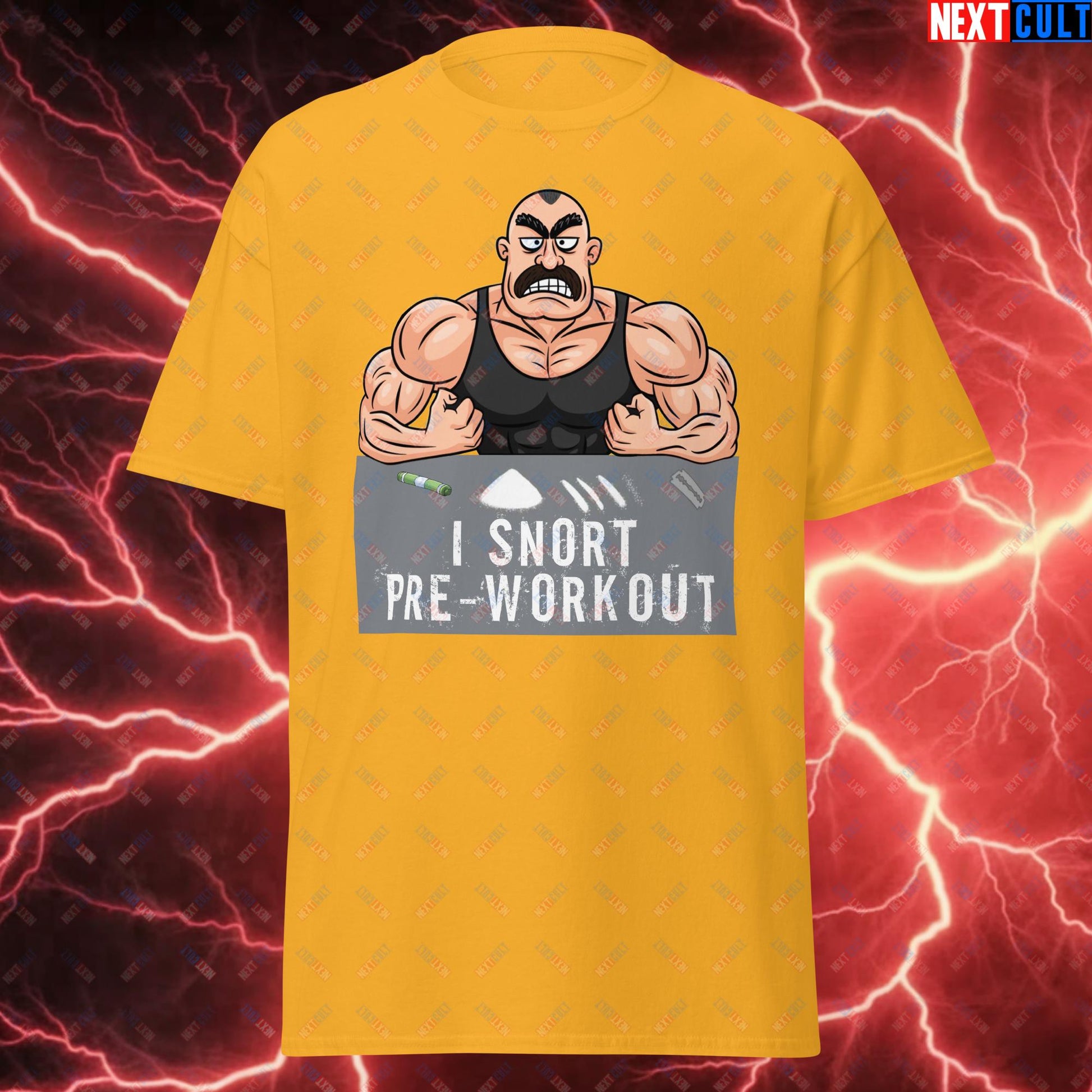 I Snort Pre-workout Gym Bro Fitness Bodybuilding Workout Weightlifting Powerlifting Funny Meme Cartoon Unisex tee Gold T-shirts Fitness Gym Workout Next Cult Brand