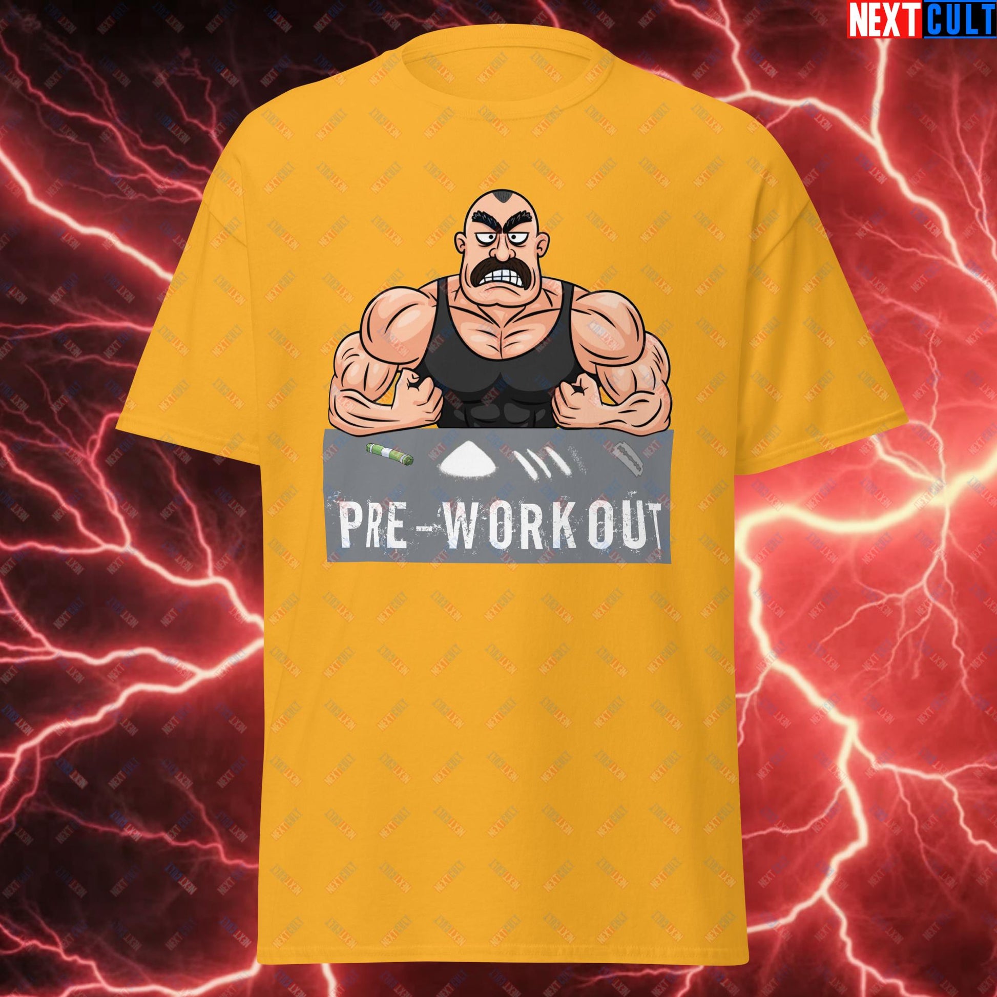 I Love Pre-workout Gym Bro Fitness Bodybuilding Workout Weightlifting Powerlifting Funny Meme Cartoon Unisex tee Gold T-shirts Fitness Gym Workout Next Cult Brand