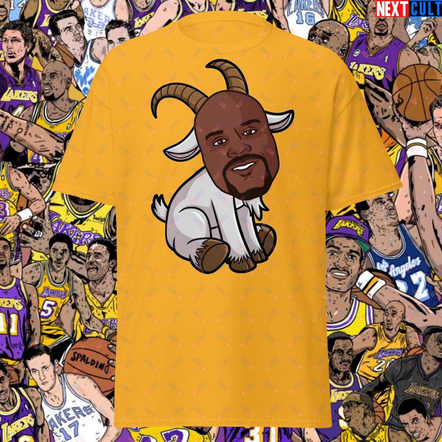 Shaquille O’Neal GOAT T-Shirt - Shaq Basketball Meme Tee - Greatest of All Time NBA Funny Cartoon Casual Top for Basketball Fans - Perfect Gift for Shaq Lovers Unisex tee Gold T-shirts Basketball G.O.A.T. Los Angeles Lakers NBA Orlando Magic Shaq Next Cult Brand