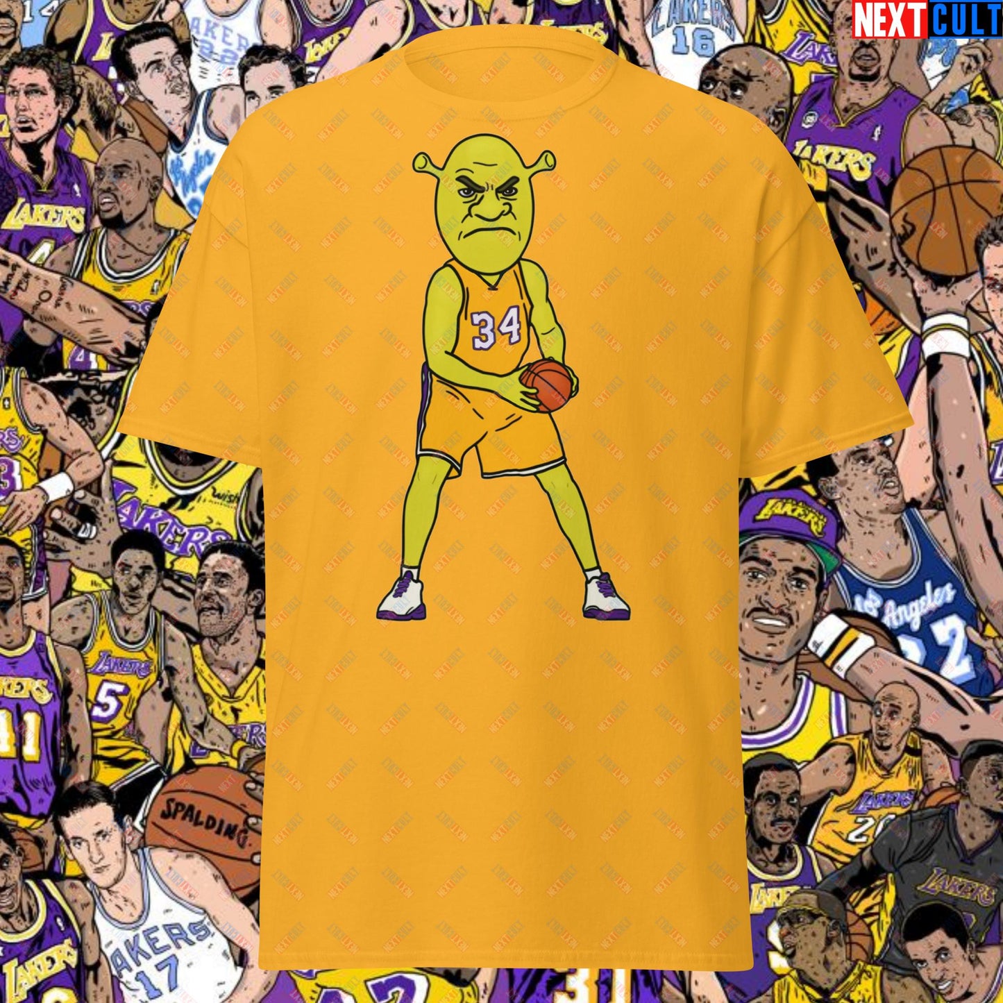 Shrequille O'Neal T-Shirt - Shaquille O'Neal as Shrek Funny Basketball Meme Casual Top - Perfect Gift for Basketball Fans and Shrek Lovers Unisex tee Gold T-shirts Basketball Los Angeles Lakers NBA Shaq Shrek Next Cult Brand