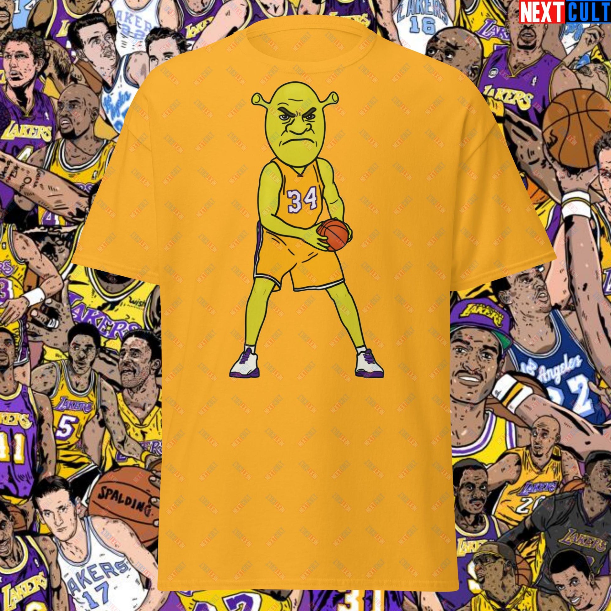 Shrequille O'Neal T-Shirt - Shaquille O'Neal as Shrek Funny Basketball Meme Casual Top - Perfect Gift for Basketball Fans and Shrek Lovers Unisex tee Gold T-shirts Basketball Los Angeles Lakers NBA Shaq Shrek Next Cult Brand