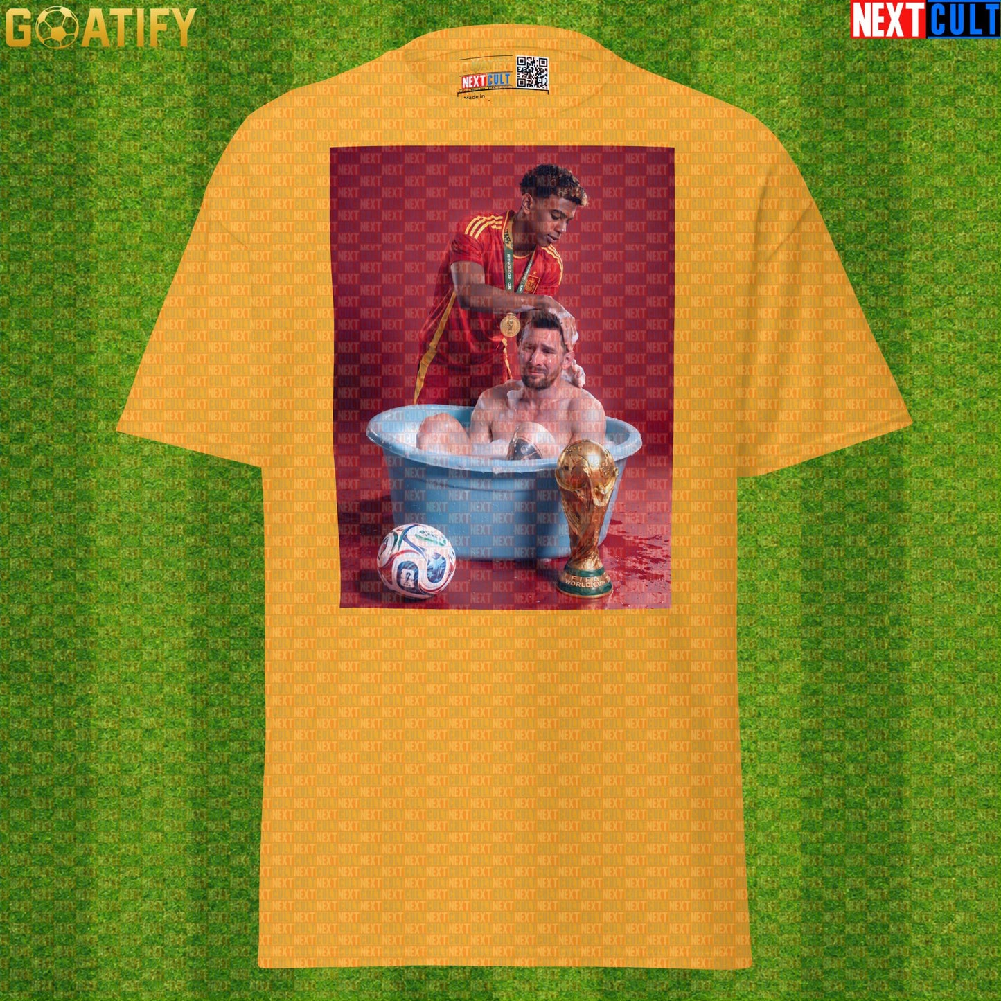 Lamine Yamal T-Shirt – World Cup Final Bath Meme Graphic Tee for Spain and Barcelona Fans |  | ["Argentina", "Barcelona", "Football", "Lamine Yamal", "Lionel Messi", "Soccer", "Spain"]