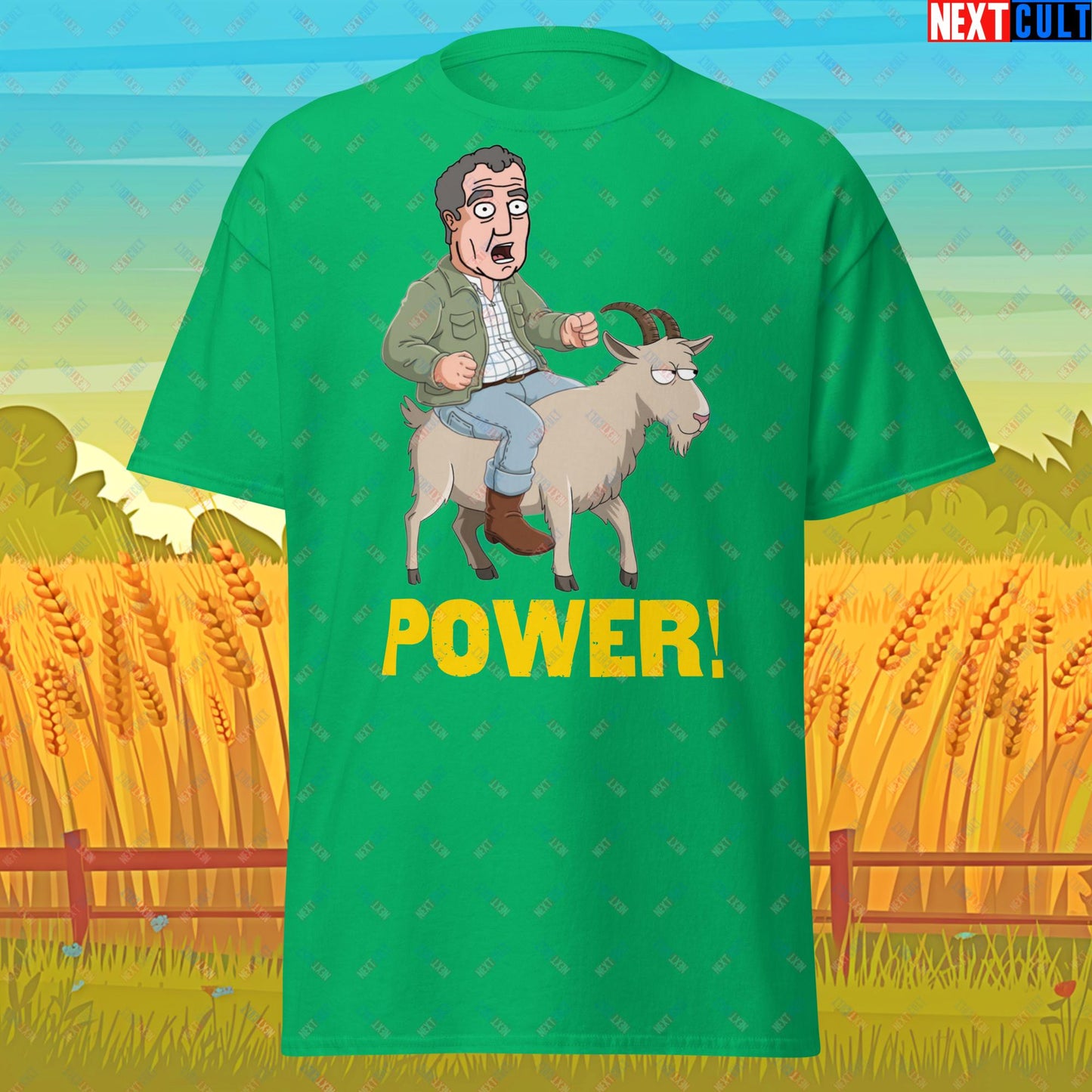 Speed and Power Goat Jeremy Clarkson's Farm Diddly Squat Grand Tour Top Gear Funny Meme Cartoon Unisex tee Irish Green T-shirts Clarkson's Farm Grand Tour Jeremy Clarkson Top Gear TV Shows Next Cult Brand