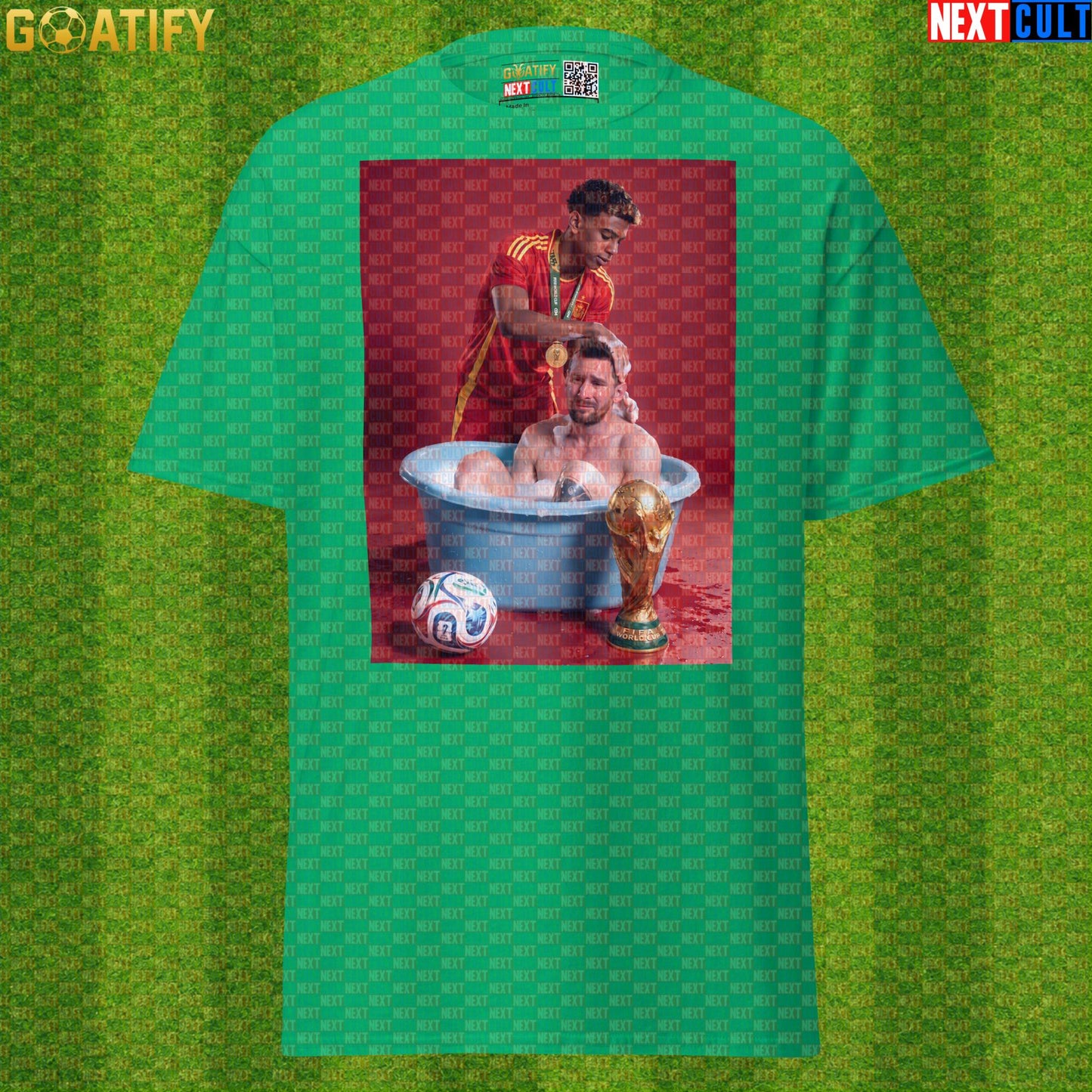 Lamine Yamal T-Shirt – World Cup Final Bath Meme Graphic Tee for Spain and Barcelona Fans |  | ["Argentina", "Barcelona", "Football", "Lamine Yamal", "Lionel Messi", "Soccer", "Spain"]