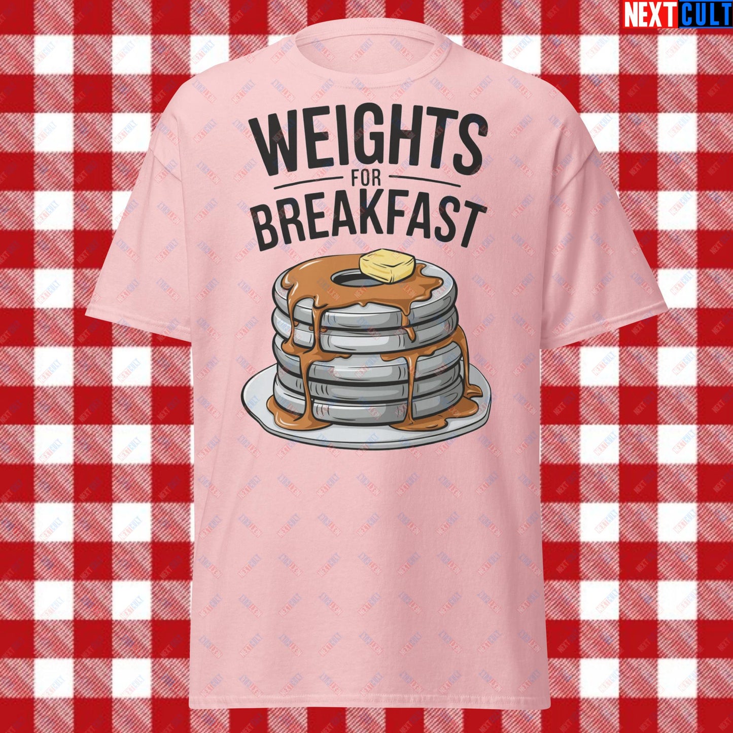 Weights For Breakfast Pancake Weights Funny Gym Workout Fitness Lifting Meme Cartoon Unisex tee Light Pink T-shirts Bodybuilding Bulking Fitness Gym Workout Next Cult Brand