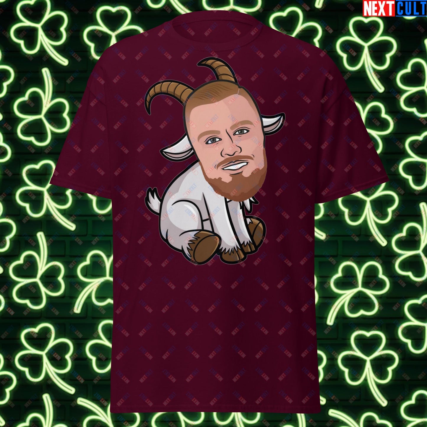 Kristaps Porzingis GOAT T-Shirt - Funny Basketball Meme Casual Top - Greatest of All Time Tee for Boston Celtics and Latvia Fans - Perfect Gift for Porzingis Fans Maroon T-shirts Basketball Boston Celtics G.O.A.T. Kristaps Porzingis NBA Next Cult Brand