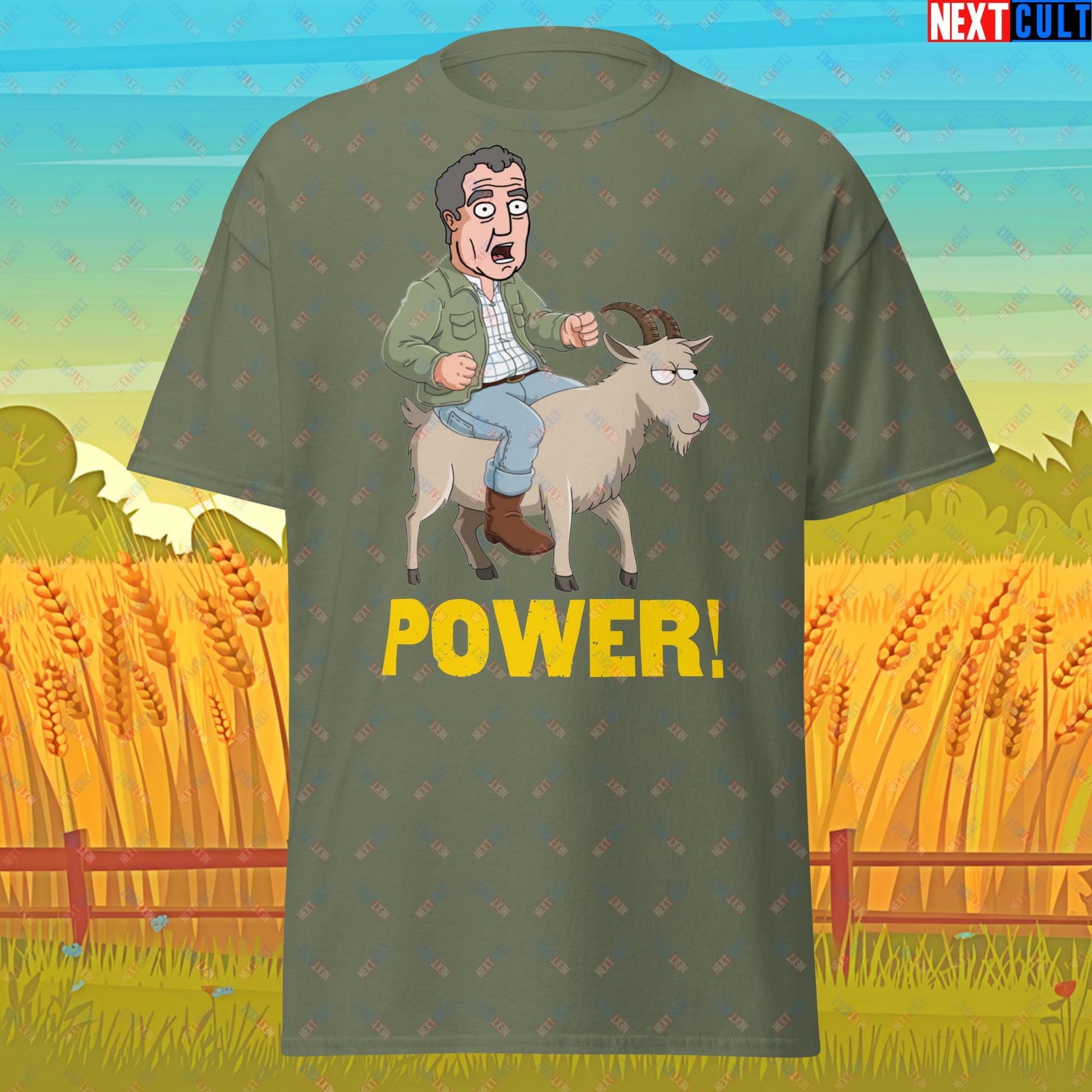 Speed and Power Goat Jeremy Clarkson's Farm Diddly Squat Grand Tour Top Gear Funny Meme Cartoon Unisex tee Military Green T-shirts Clarkson's Farm Grand Tour Jeremy Clarkson Top Gear TV Shows Next Cult Brand