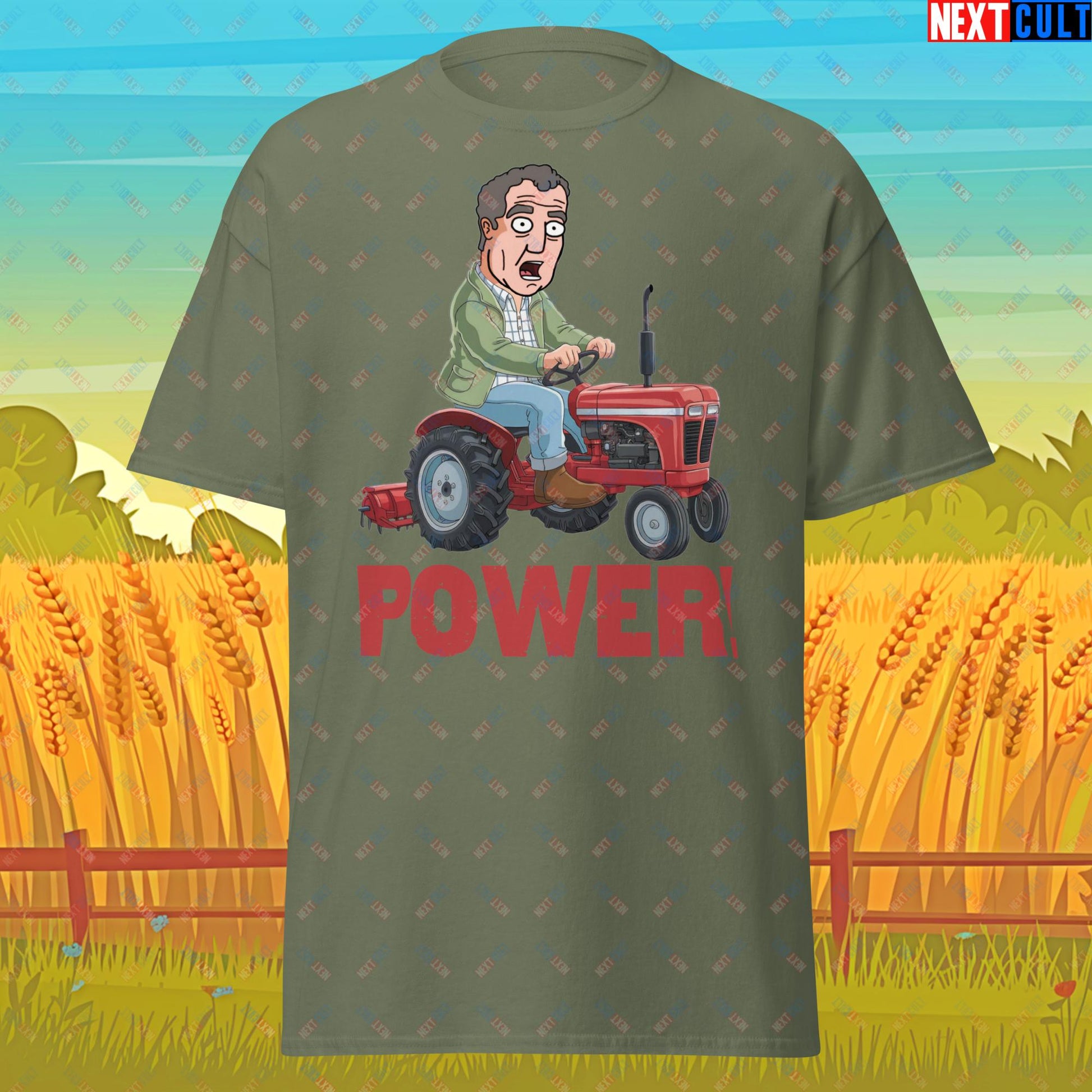 Speed and Power Tractor Jeremy Clarkson's Farm Diddly Squat Grand Tour Top Gear Funny Meme Cartoon Unisex tee Military Green T-shirts Clarkson's Farm Grand Tour Jeremy Clarkson Top Gear TV Shows Next Cult Brand