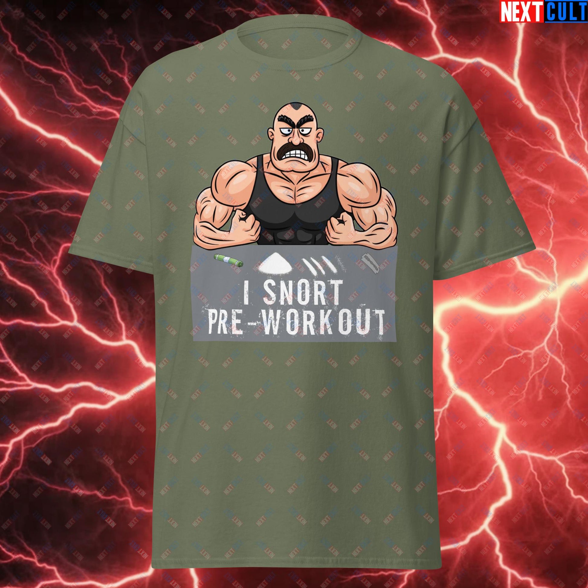 I Snort Pre-workout Gym Bro Fitness Bodybuilding Workout Weightlifting Powerlifting Funny Meme Cartoon Unisex tee Military Green T-shirts Fitness Gym Workout Next Cult Brand