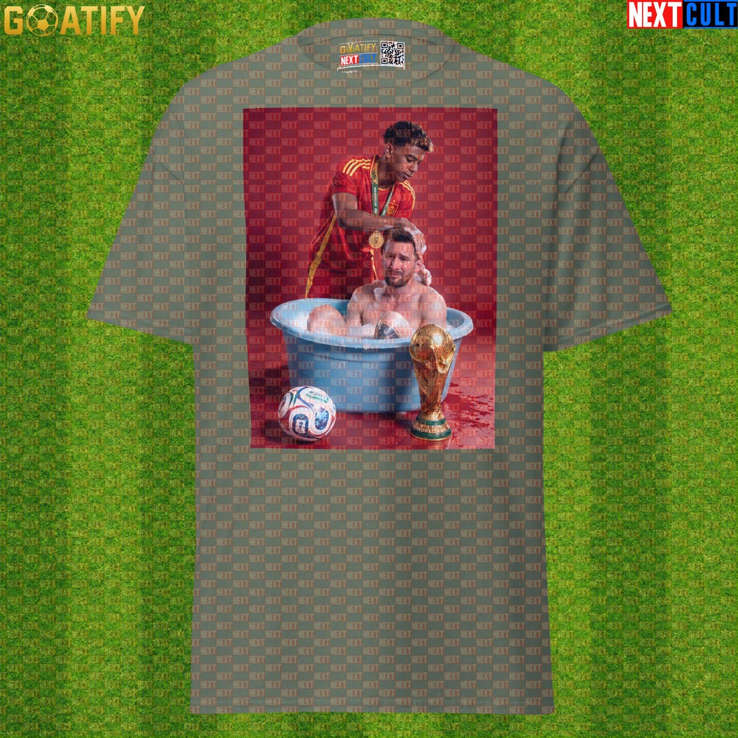Lamine Yamal T-Shirt – World Cup Final Bath Meme Graphic Tee for Spain and Barcelona Fans |  | ["Argentina", "Barcelona", "Football", "Lamine Yamal", "Lionel Messi", "Soccer", "Spain"]