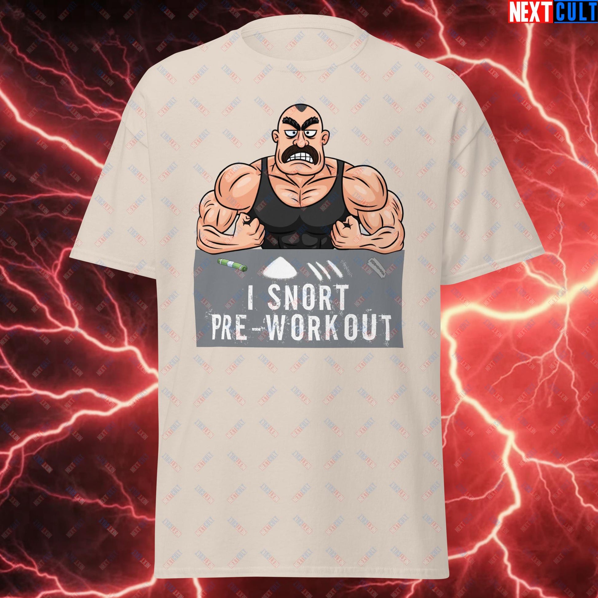 I Snort Pre-workout Gym Bro Fitness Bodybuilding Workout Weightlifting Powerlifting Funny Meme Cartoon Unisex tee Natural T-shirts Fitness Gym Workout Next Cult Brand