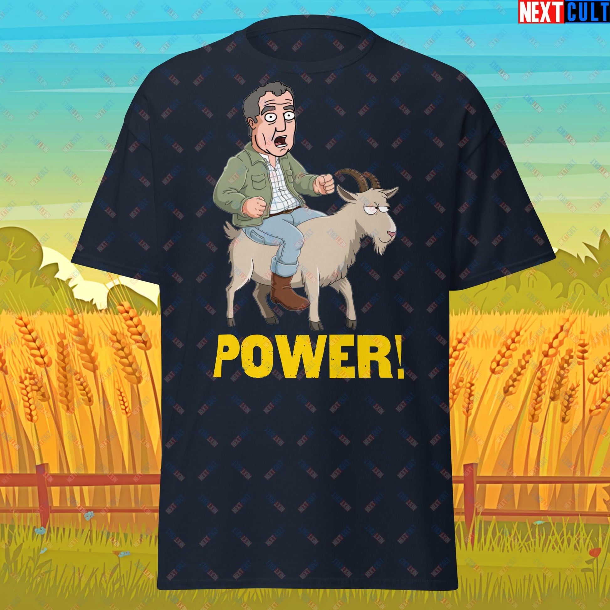 Speed and Power Goat Jeremy Clarkson's Farm Diddly Squat Grand Tour Top Gear Funny Meme Cartoon Unisex tee Navy T-shirts Clarkson's Farm Grand Tour Jeremy Clarkson Top Gear TV Shows Next Cult Brand