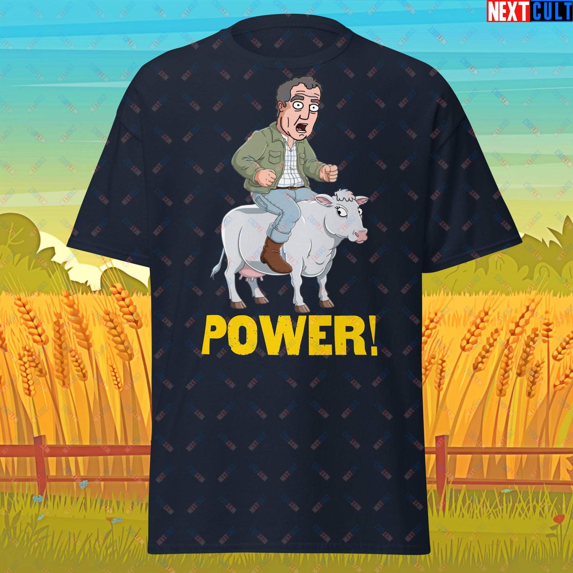 Speed and Power Pepper Cow Jeremy Clarkson's Farm Diddly Squat Grand Tour Top Gear Funny Meme Cartoon Unisex tee Navy T-shirts Clarkson's Farm Grand Tour Jeremy Clarkson Top Gear TV Shows Next Cult Brand