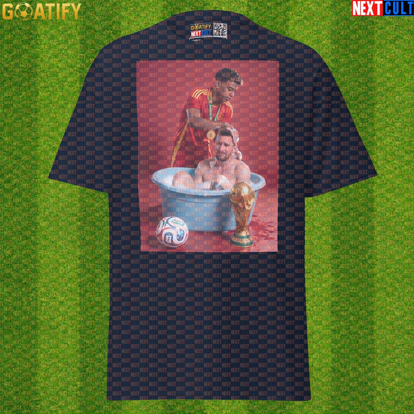 Lamine Yamal T-Shirt – World Cup Final Bath Meme Graphic Tee for Spain and Barcelona Fans |  | ["Argentina", "Barcelona", "Football", "Lamine Yamal", "Lionel Messi", "Soccer", "Spain"]