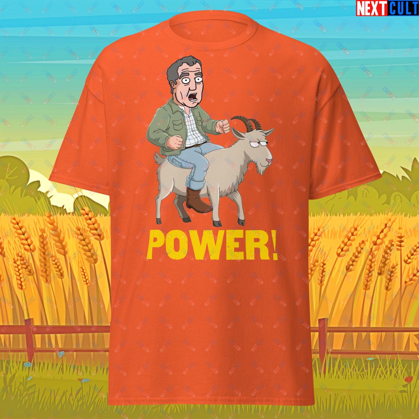 Speed and Power Goat Jeremy Clarkson's Farm Diddly Squat Grand Tour Top Gear Funny Meme Cartoon Unisex tee Orange T-shirts Clarkson's Farm Grand Tour Jeremy Clarkson Top Gear TV Shows Next Cult Brand