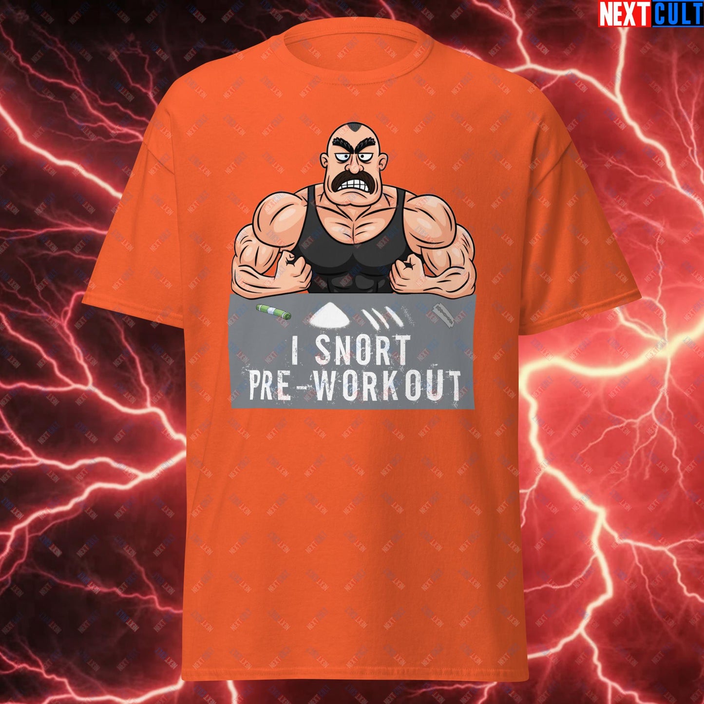 I Snort Pre-workout Gym Bro Fitness Bodybuilding Workout Weightlifting Powerlifting Funny Meme Cartoon Unisex tee Orange T-shirts Fitness Gym Workout Next Cult Brand