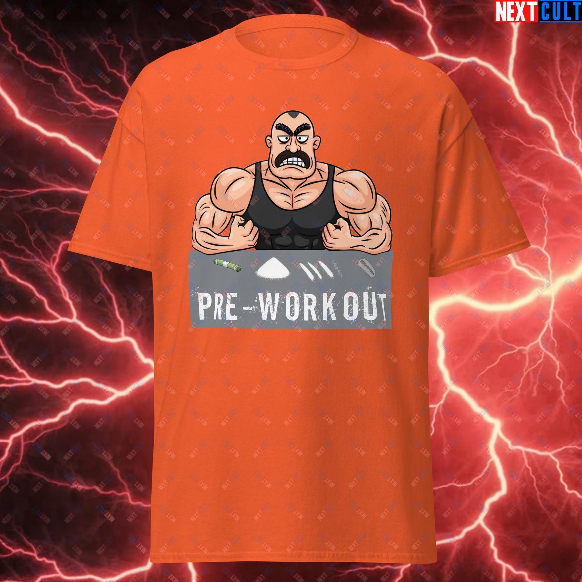 I Love Pre-workout Gym Bro Fitness Bodybuilding Workout Weightlifting Powerlifting Funny Meme Cartoon Unisex tee Orange T-shirts Fitness Gym Workout Next Cult Brand