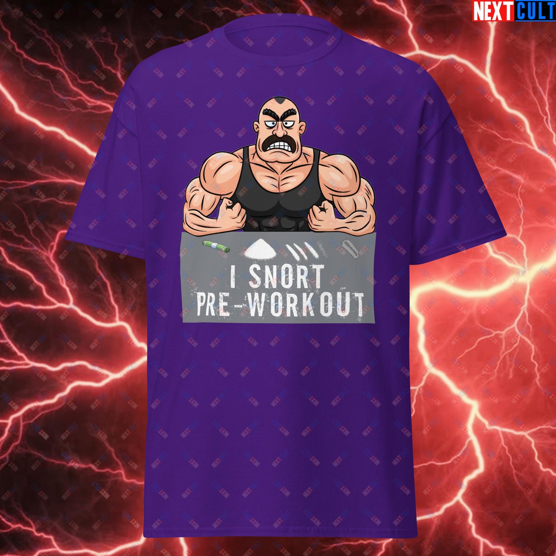 I Snort Pre-workout Gym Bro Fitness Bodybuilding Workout Weightlifting Powerlifting Funny Meme Cartoon Unisex tee Purple T-shirts Fitness Gym Workout Next Cult Brand