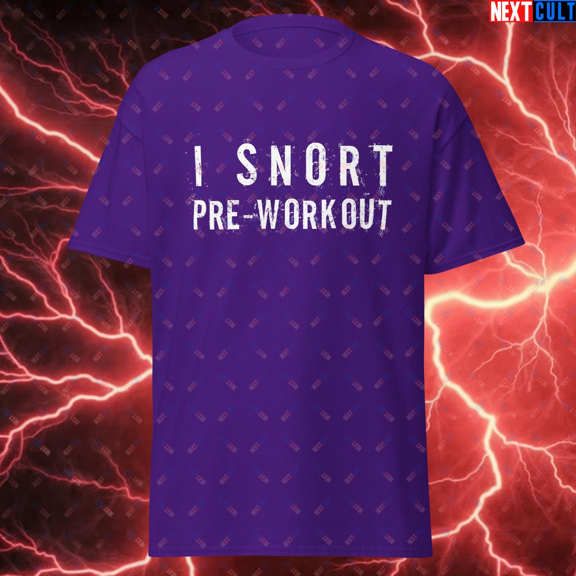 I Snort Pre-workout Gym Bro Fitness Bodybuilding Workout Weightlifting Powerlifting Funny Meme Unisex tee Purple T-shirts Fitness Gym Workout Next Cult Brand