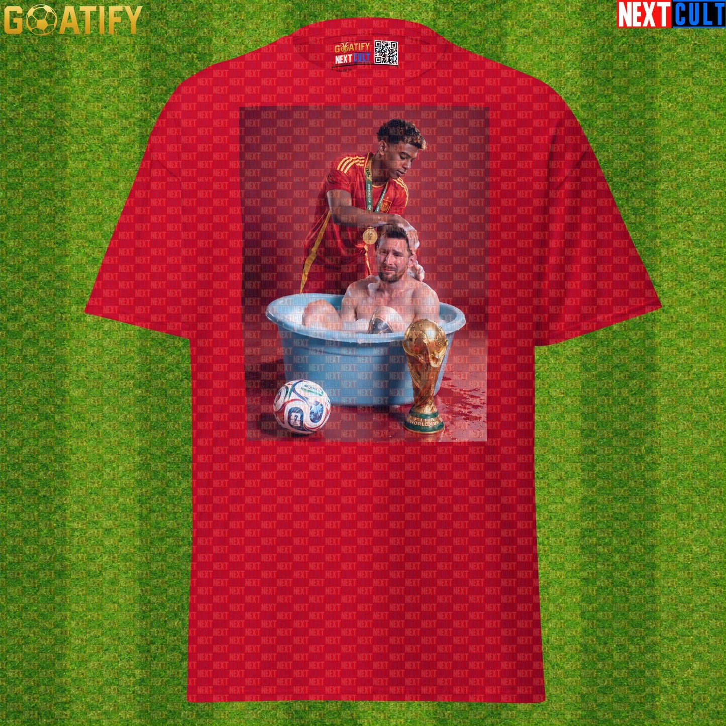 Lamine Yamal T-Shirt – World Cup Final Bath Meme Graphic Tee for Spain and Barcelona Fans |  | ["Argentina", "Barcelona", "Football", "Lamine Yamal", "Lionel Messi", "Soccer", "Spain"]