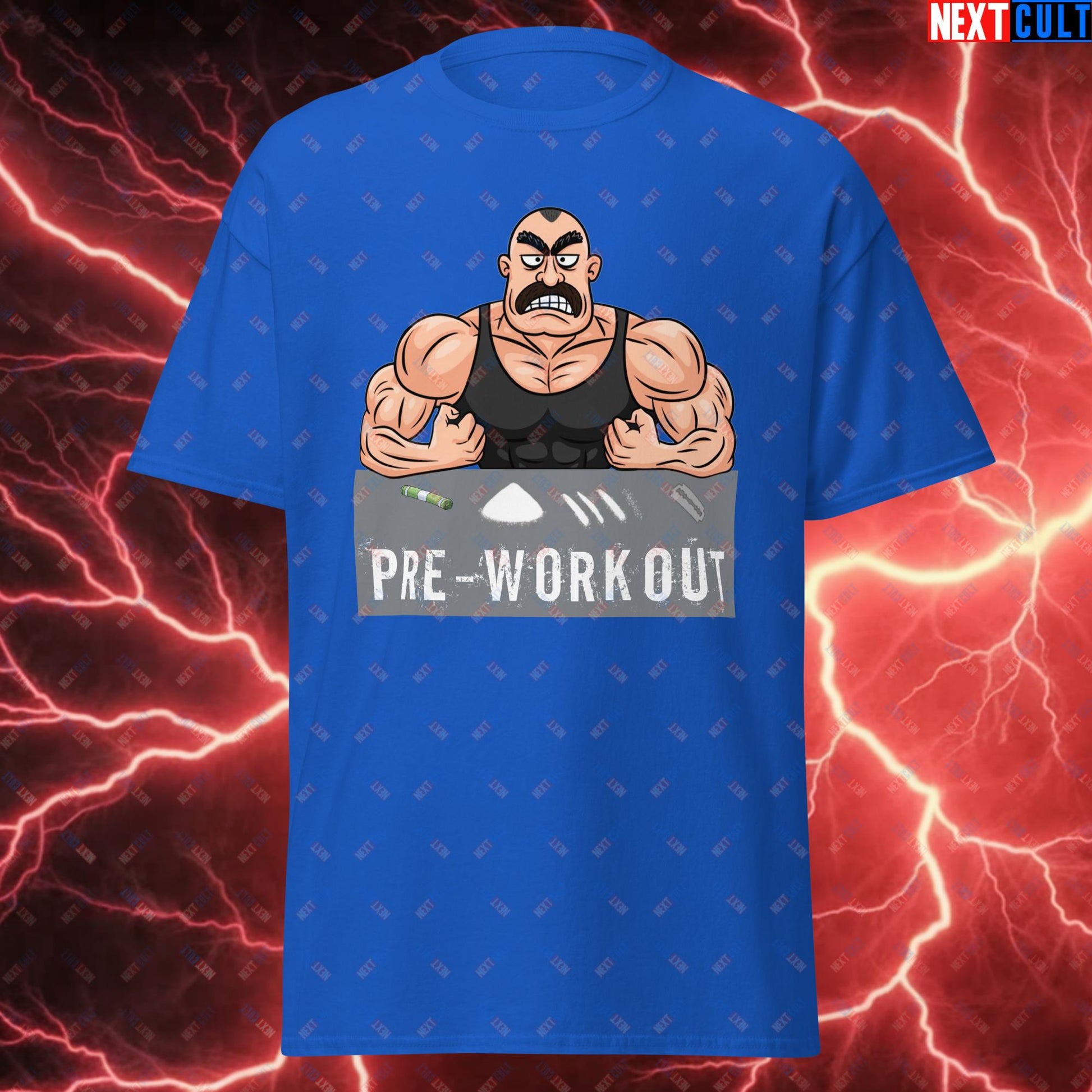 I Love Pre-workout Gym Bro Fitness Bodybuilding Workout Weightlifting Powerlifting Funny Meme Cartoon Unisex tee Royal T-shirts Fitness Gym Workout Next Cult Brand