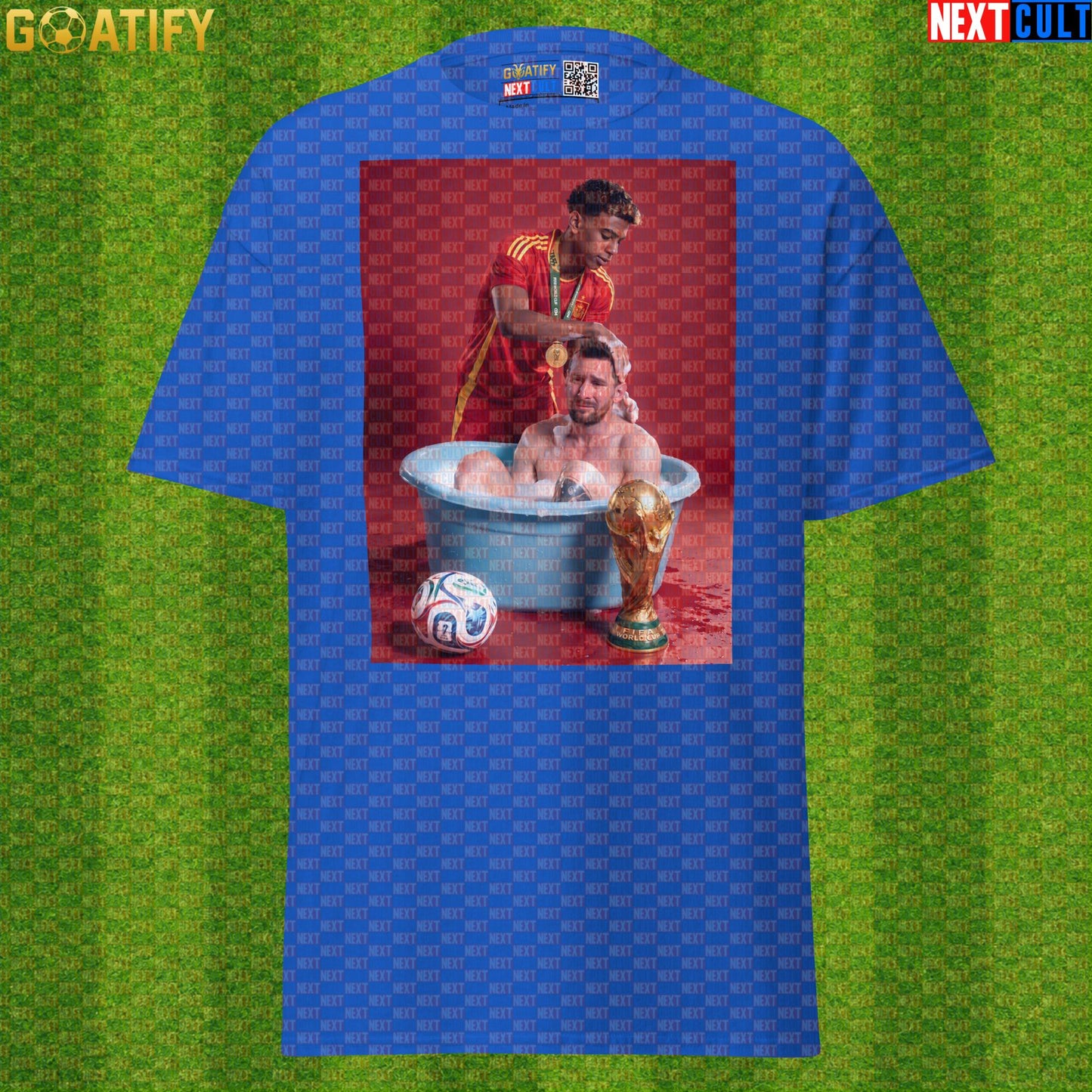 Lamine Yamal T-Shirt – World Cup Final Bath Meme Graphic Tee for Spain and Barcelona Fans |  | ["Argentina", "Barcelona", "Football", "Lamine Yamal", "Lionel Messi", "Soccer", "Spain"]