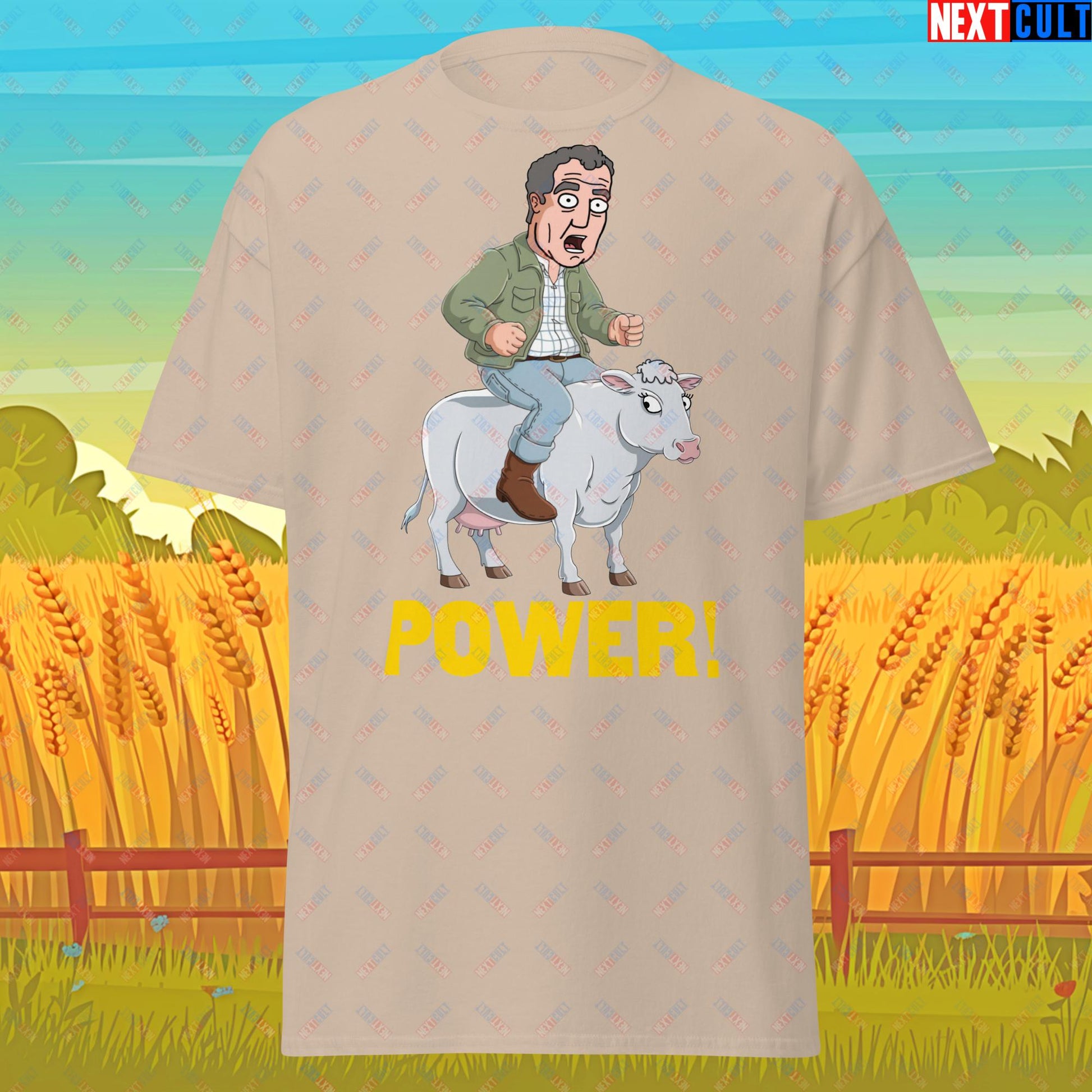 Speed and Power Pepper Cow Jeremy Clarkson's Farm Diddly Squat Grand Tour Top Gear Funny Meme Cartoon Unisex tee Sand T-shirts Clarkson's Farm Grand Tour Jeremy Clarkson Top Gear TV Shows Next Cult Brand