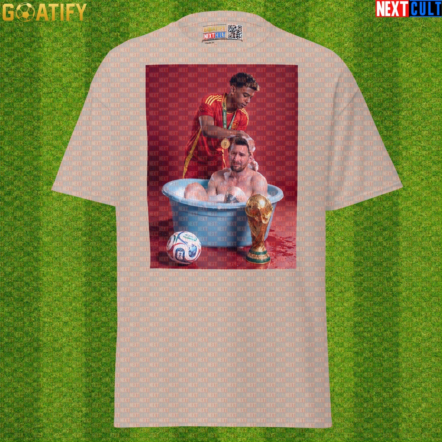 Lamine Yamal T-Shirt – World Cup Final Bath Meme Graphic Tee for Spain and Barcelona Fans |  | ["Argentina", "Barcelona", "Football", "Lamine Yamal", "Lionel Messi", "Soccer", "Spain"]