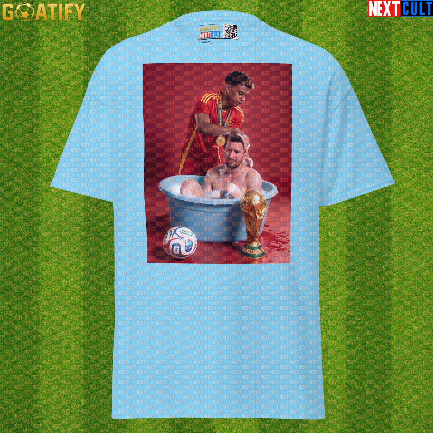 Lamine Yamal T-Shirt – World Cup Final Bath Meme Graphic Tee for Spain and Barcelona Fans |  | ["Argentina", "Barcelona", "Football", "Lamine Yamal", "Lionel Messi", "Soccer", "Spain"]