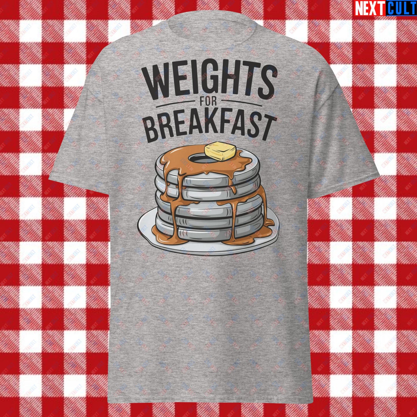 Weights For Breakfast Pancake Weights Funny Gym Workout Fitness Lifting Meme Cartoon Unisex tee Sport Grey T-shirts Bodybuilding Bulking Fitness Gym Workout Next Cult Brand