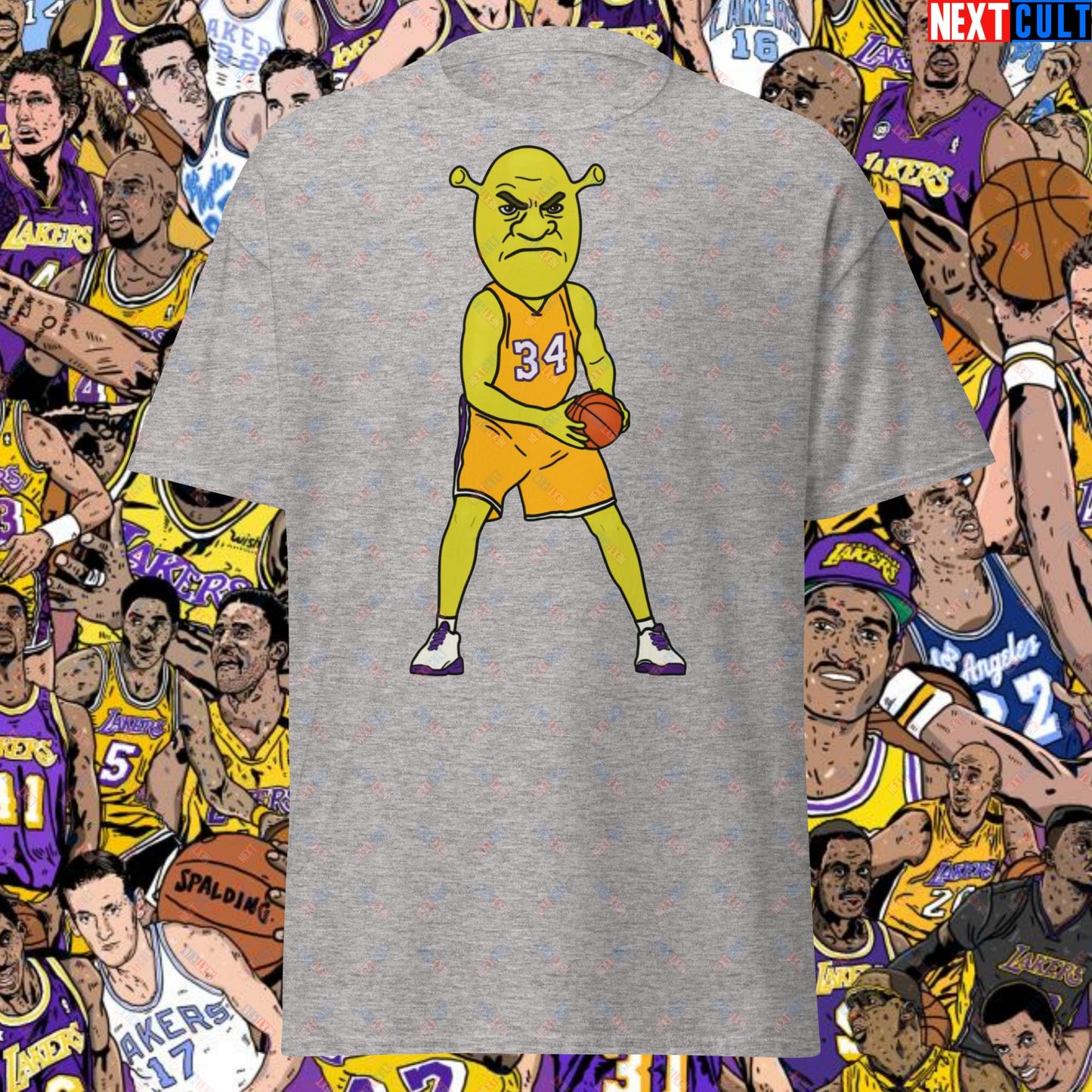 Shrequille O'Neal T-Shirt - Shaquille O'Neal as Shrek Funny Basketball Meme Casual Top - Perfect Gift for Basketball Fans and Shrek Lovers Unisex tee Sport Grey T-shirts Basketball Los Angeles Lakers NBA Shaq Shrek Next Cult Brand