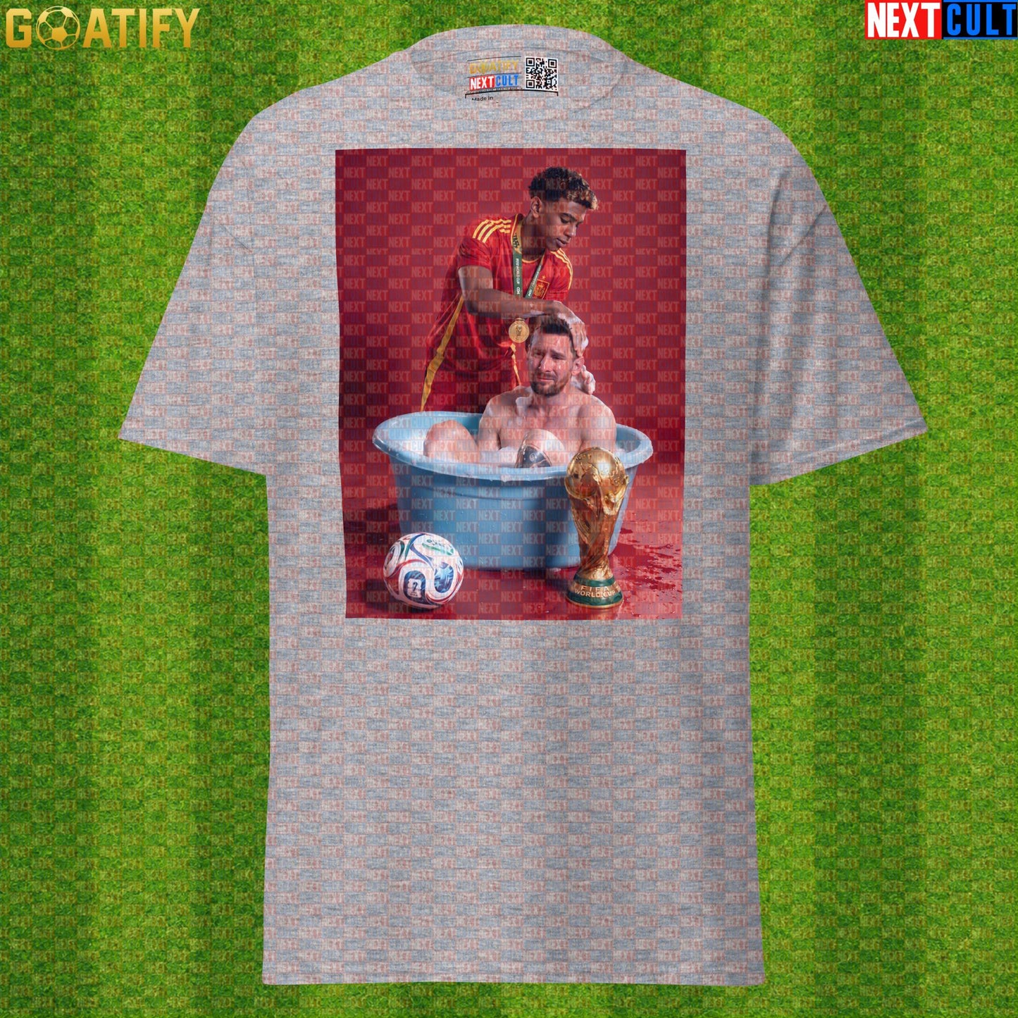 Lamine Yamal T-Shirt – World Cup Final Bath Meme Graphic Tee for Spain and Barcelona Fans |  | ["Argentina", "Barcelona", "Football", "Lamine Yamal", "Lionel Messi", "Soccer", "Spain"]