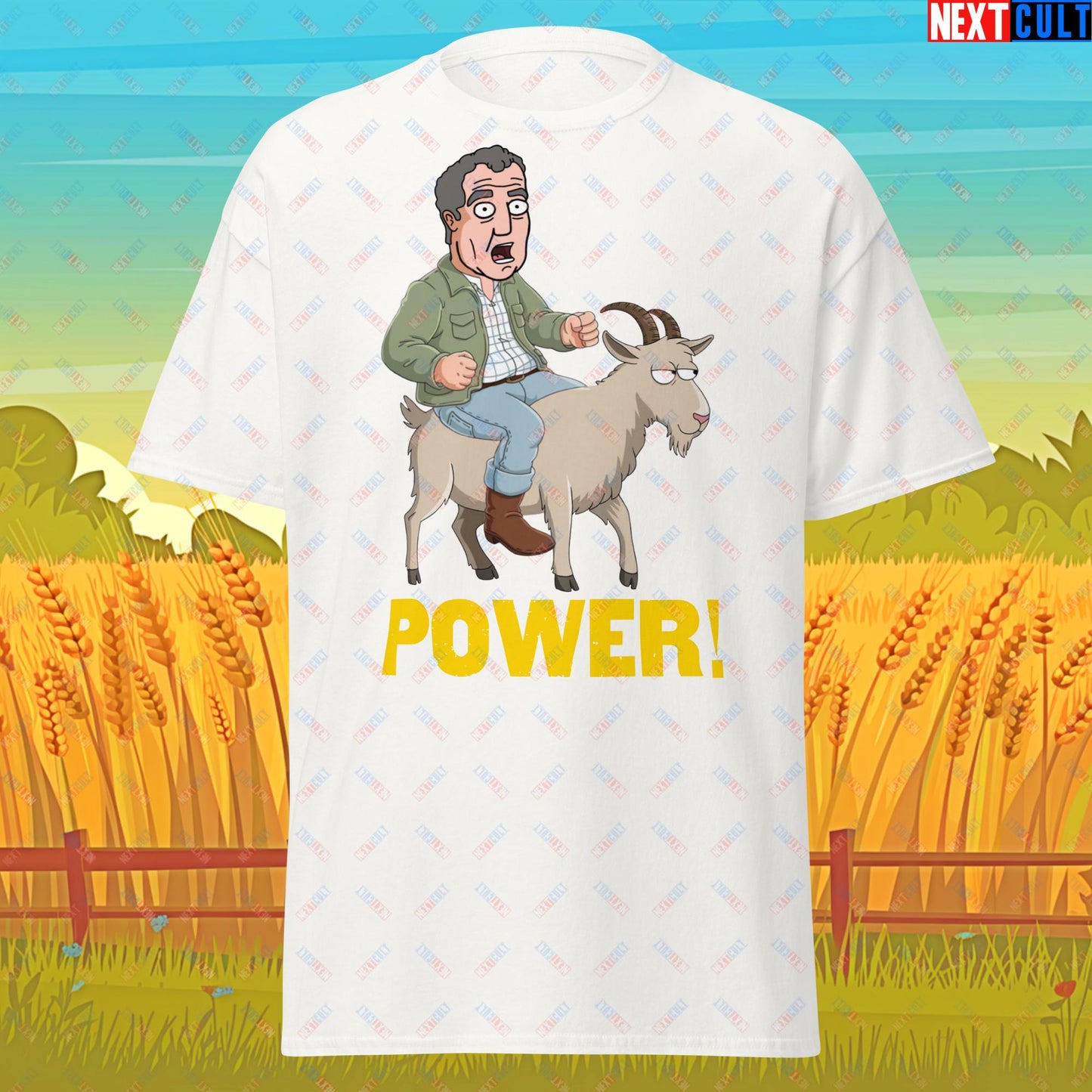 Speed and Power Goat Jeremy Clarkson's Farm Diddly Squat Grand Tour Top Gear Funny Meme Cartoon Unisex tee White T-shirts Clarkson's Farm Grand Tour Jeremy Clarkson Top Gear TV Shows Next Cult Brand