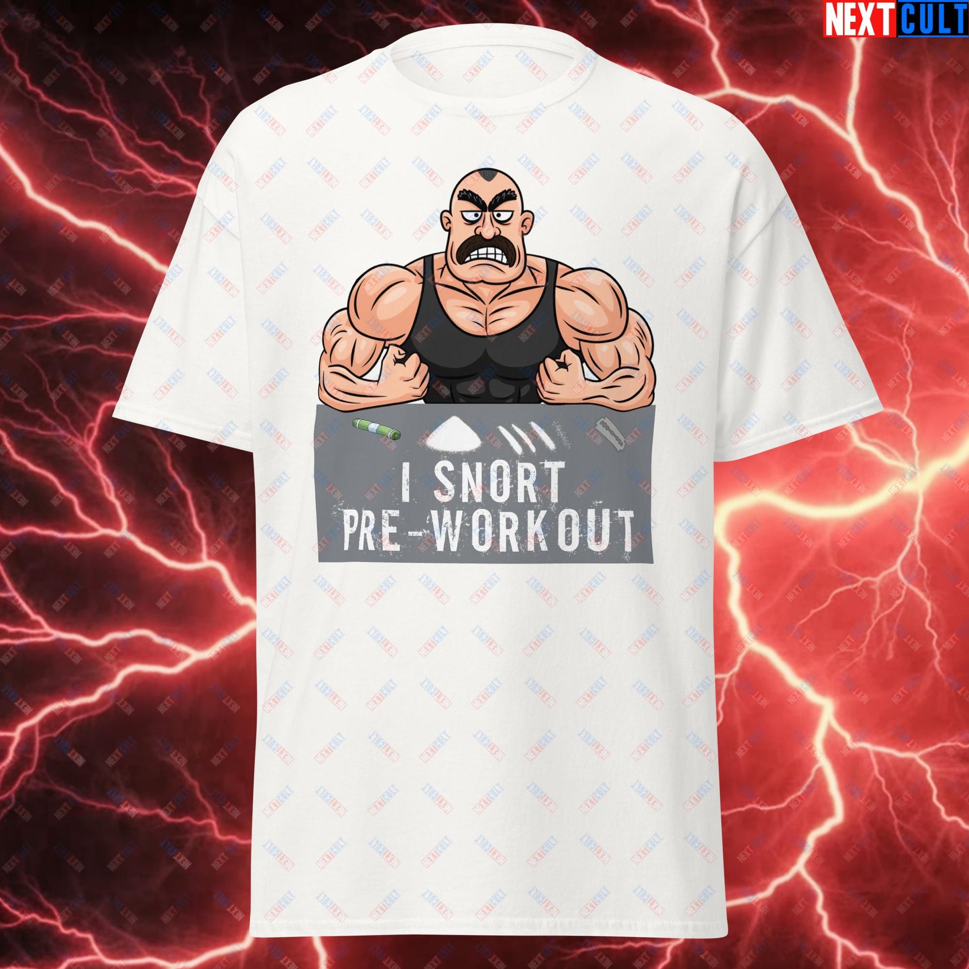 I Snort Pre-workout Gym Bro Fitness Bodybuilding Workout Weightlifting Powerlifting Funny Meme Cartoon Unisex tee White T-shirts Fitness Gym Workout Next Cult Brand