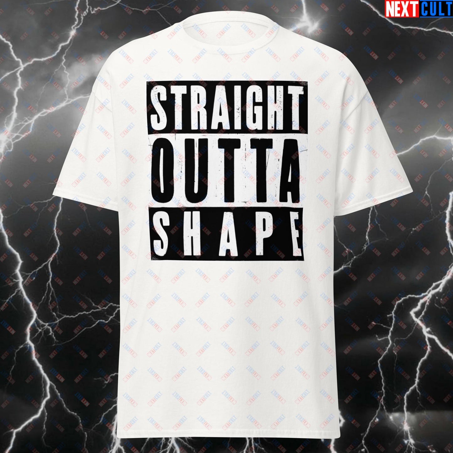 Straight Outta Shape Funny Gym T-Shirt - Out of Shape Fitness Meme Tee for Gym Bros & Workout Lifting Fans White T-shirts Bodybuilding Cardio Fitness Gym Hip Hop Pump Cover Workout Next Cult Brand