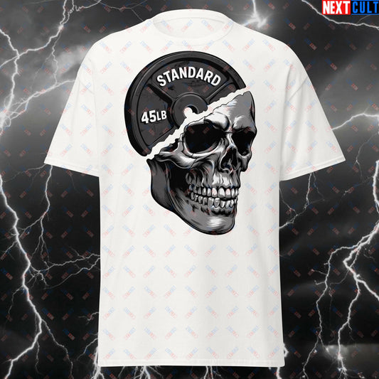 Gymhead Skull Plate T-Shirt - Funny Powerlifting Gym Tee for Lifters, Workout Meme Shirt for Gym Bros & Fitness Gains White T-shirts Bodybuilding Fitness Gym Halloween Powerlifting Pump Cover Workout Next Cult Brand