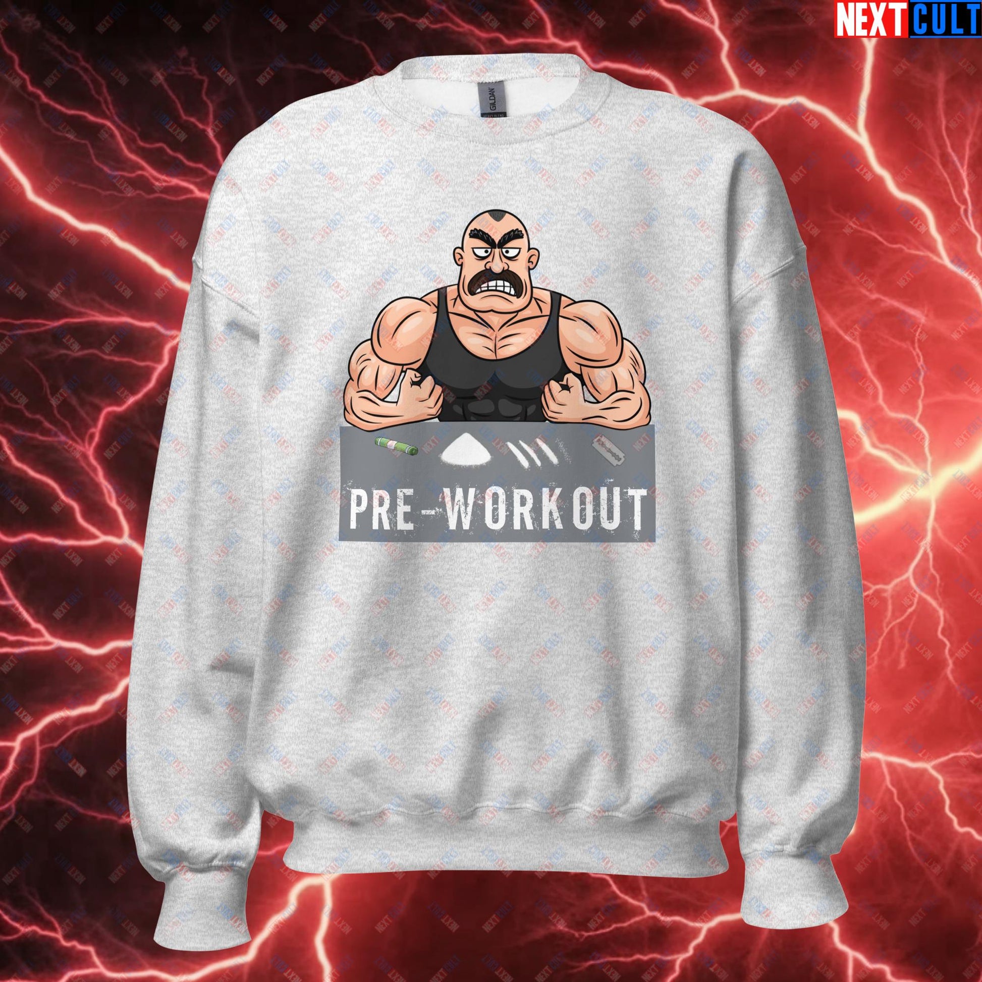 I Love Pre-workout Gym Bro Fitness Bodybuilding Workout Weightlifting Powerlifting Funny Meme Cartoon Unisex Sweatshirt Ash Sweatshirts Fitness Gym Workout Next Cult Brand