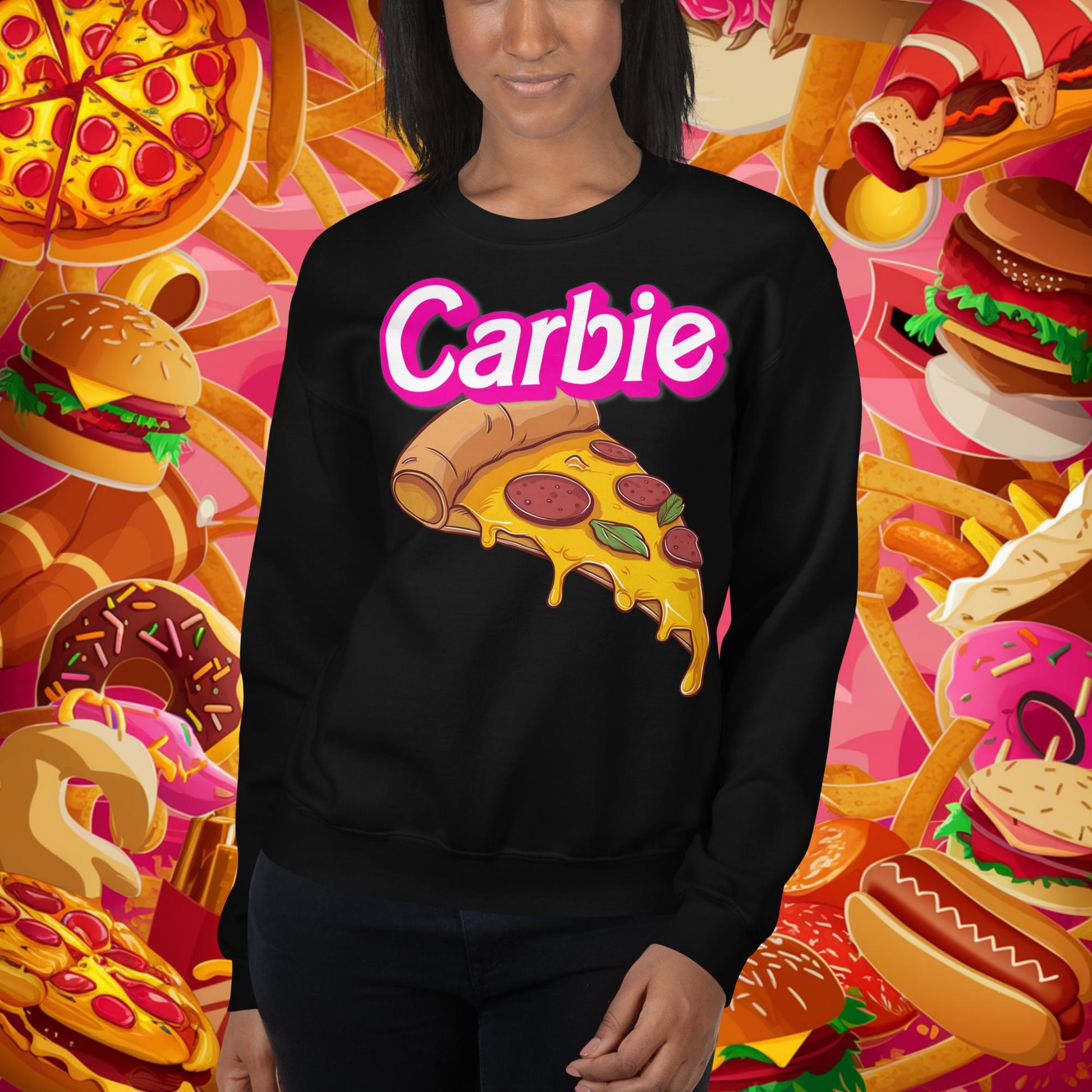 Carbie Barbie I Love Carbs I Love Pizza Unisex Sweatshirt Black Sweatshirts Next Cult Brand