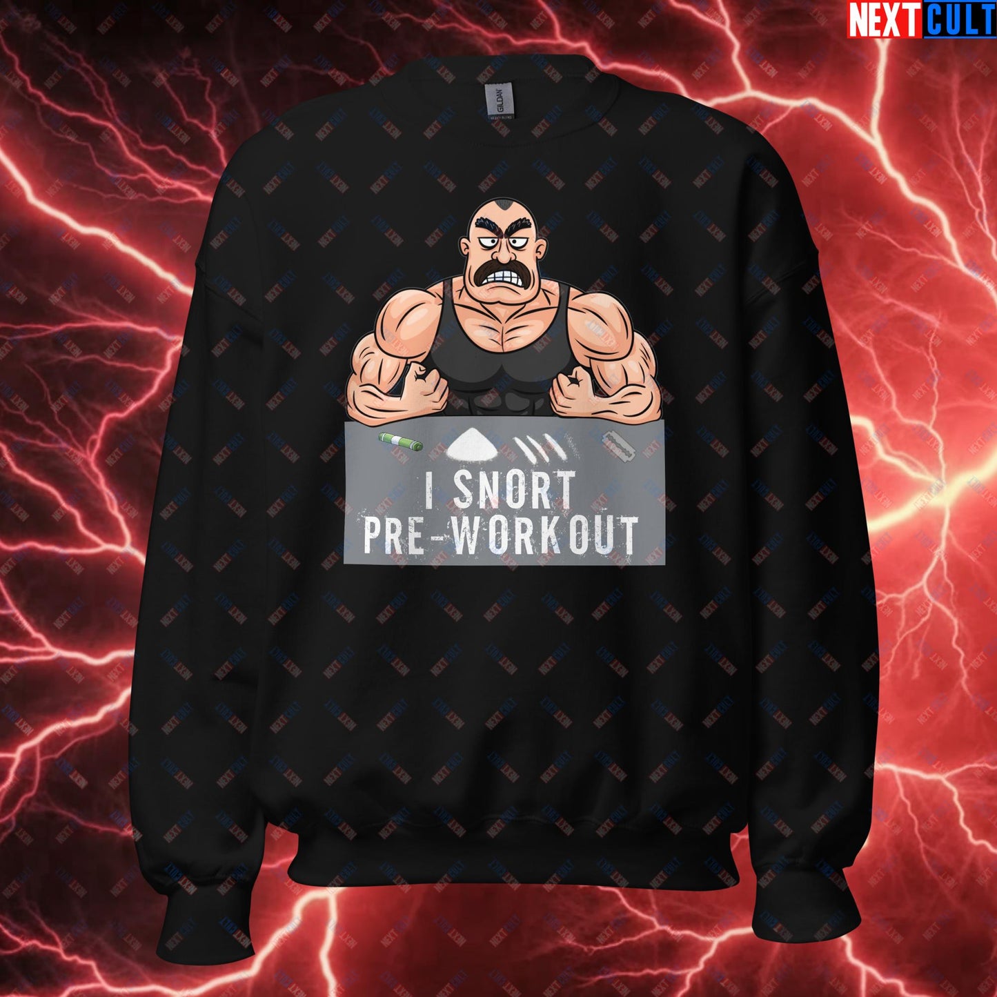 I Snort Pre-workout Gym Bro Fitness Bodybuilding Workout Weightlifting Powerlifting Funny Meme Cartoon Unisex Sweatshirt Black Sweatshirts Fitness Gym Workout Next Cult Brand