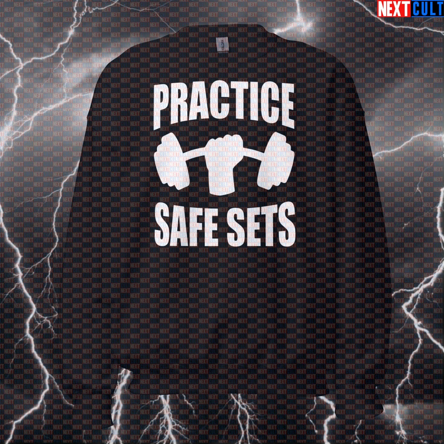 Funny Gym Safety Sweatshirt | Practice Safe Sets Workout Sweater Jumper Crewneck Pullover Sweatshirts Bodybuilding Fitness Gym Pump Cover Workout Next Cult Brand