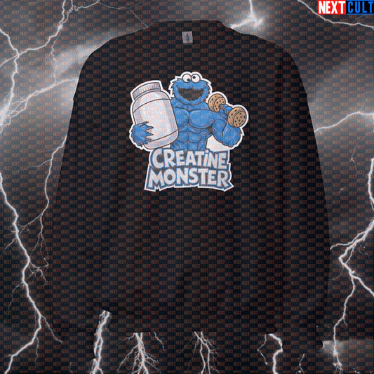 Funny Creatine Monster Gym Sweatshirt | Cookie Monster Meme Pullover for Bodybuilding & Workout Gains Sweatshirts Bodybuilding Cookie Monster Fitness Gym Pump Cover TV Workout Next Cult Brand