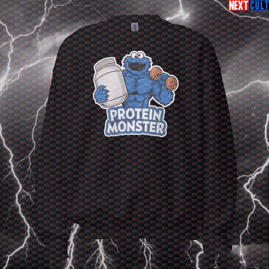 Funny Protein Monster Gym Sweatshirt for Lifters | Cookie Monster Meme Workout Pullover Sweatshirts Bodybuilding Cookie Monster Fitness Gym Pump Cover TV Workout Next Cult Brand